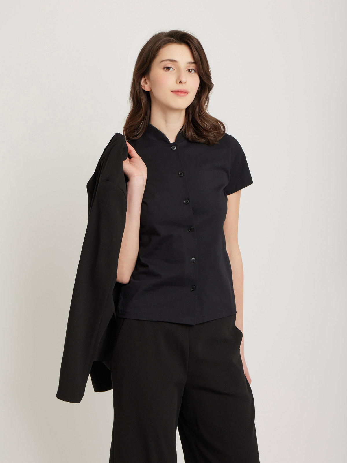 FEMME ウィメンズ コットン ハイネック 半袖 ブラウス "Violaine" ブラック