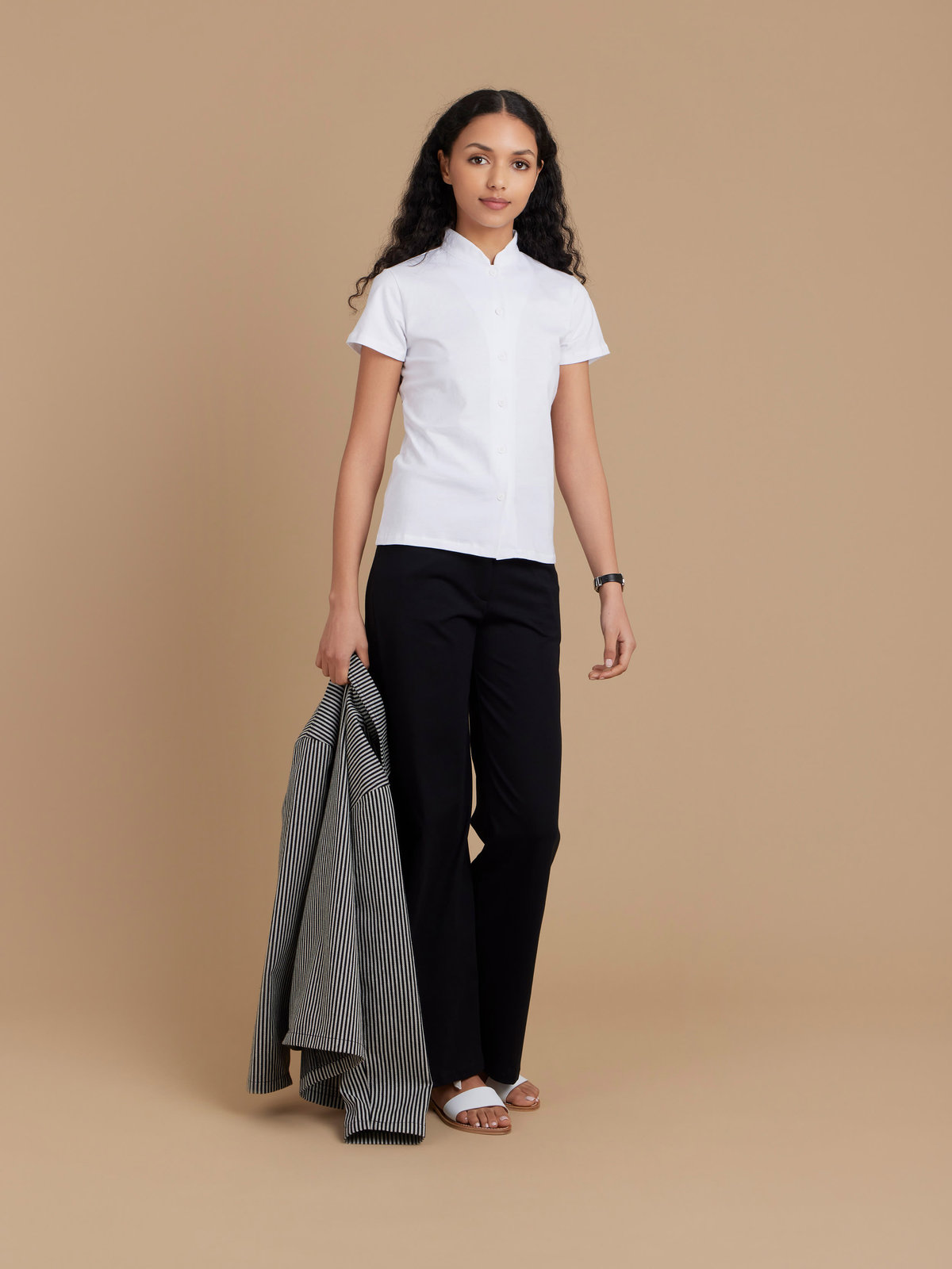 FEMME ウィメンズ コットン ハイネック 半袖 ブラウス ”Violaine” ホワイト