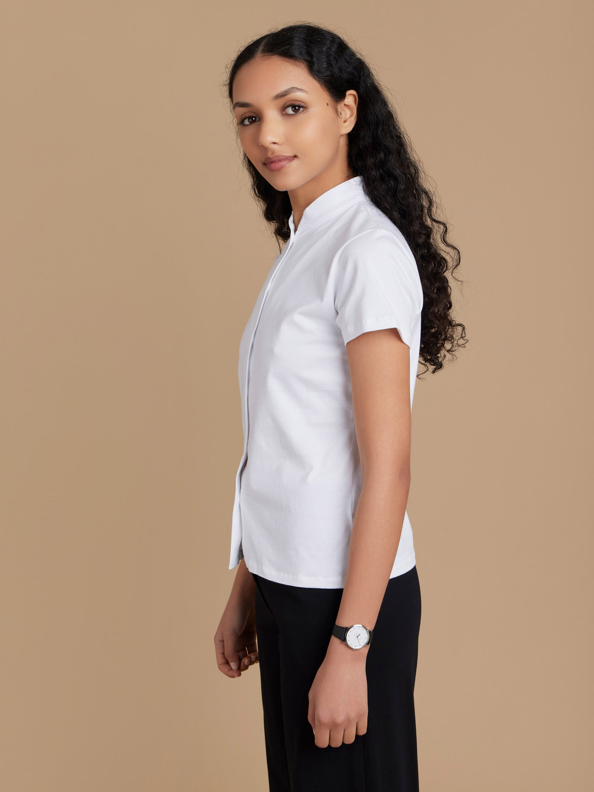 FEMME ウィメンズ コットン ハイネック 半袖 ブラウス ”Violaine” ホワイト