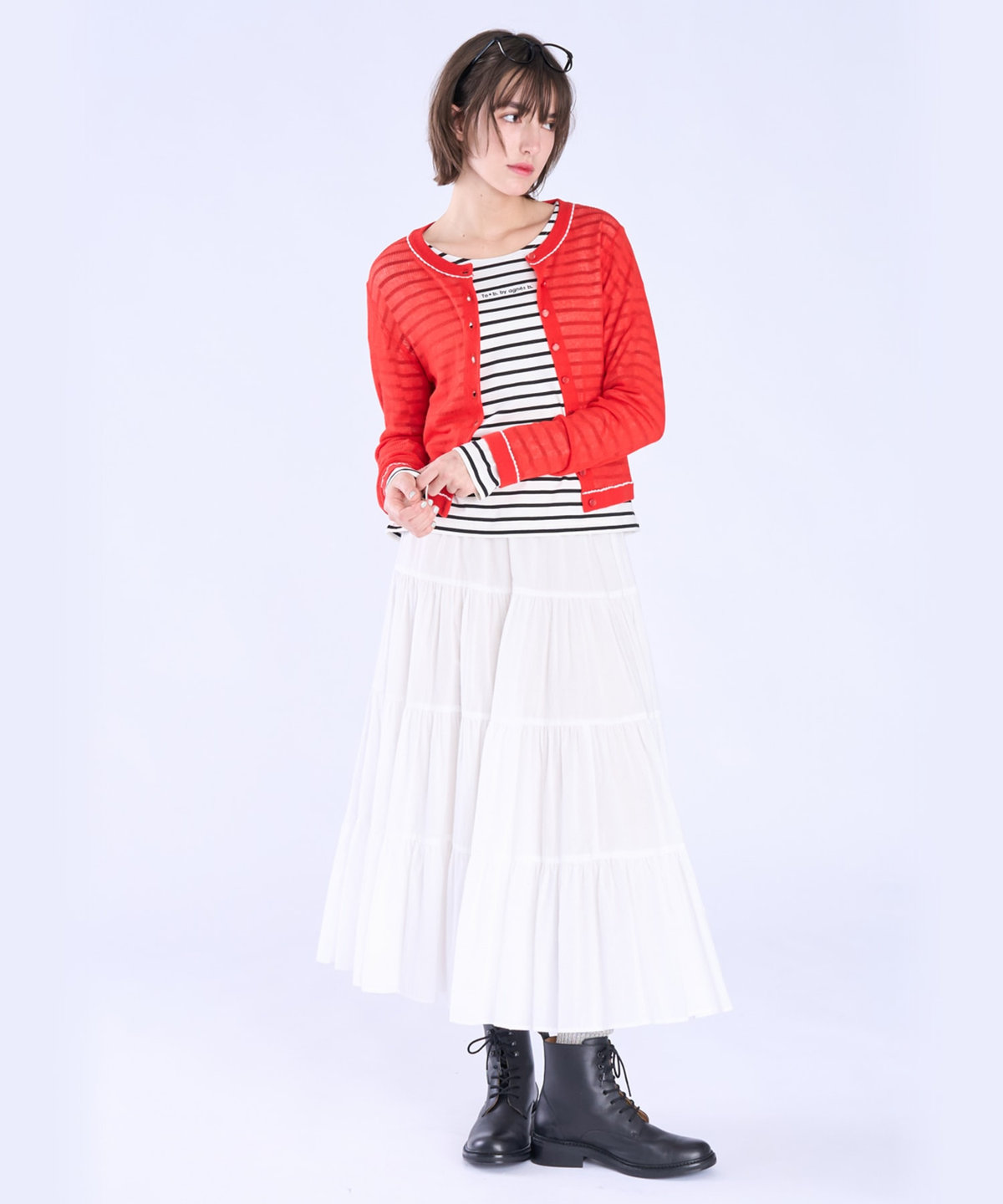 To b. by agnès b. シアー リブ 長袖 ニット カーディガン レッド