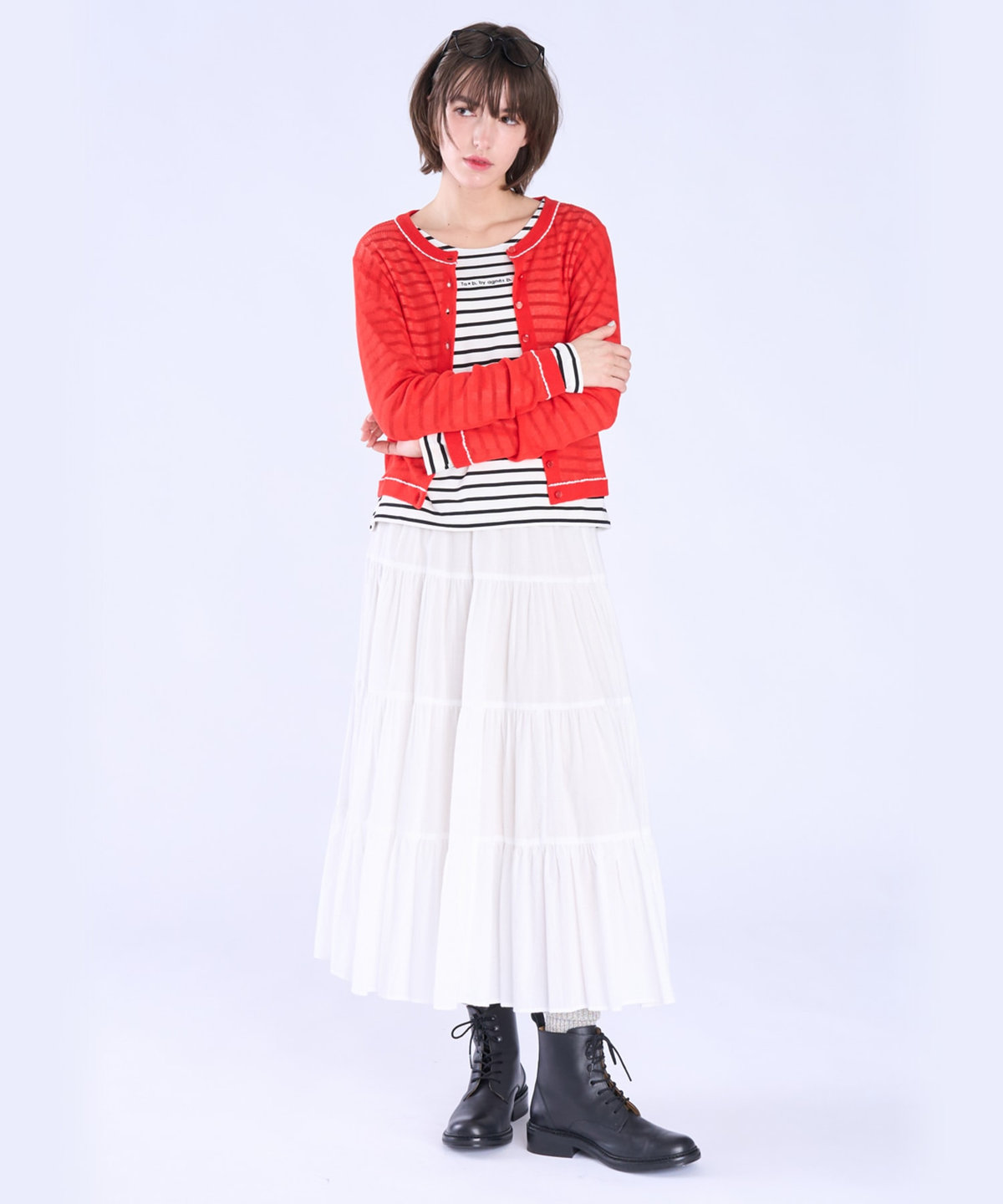 To b. by agnès b. シアー リブ 長袖 ニット カーディガン レッド