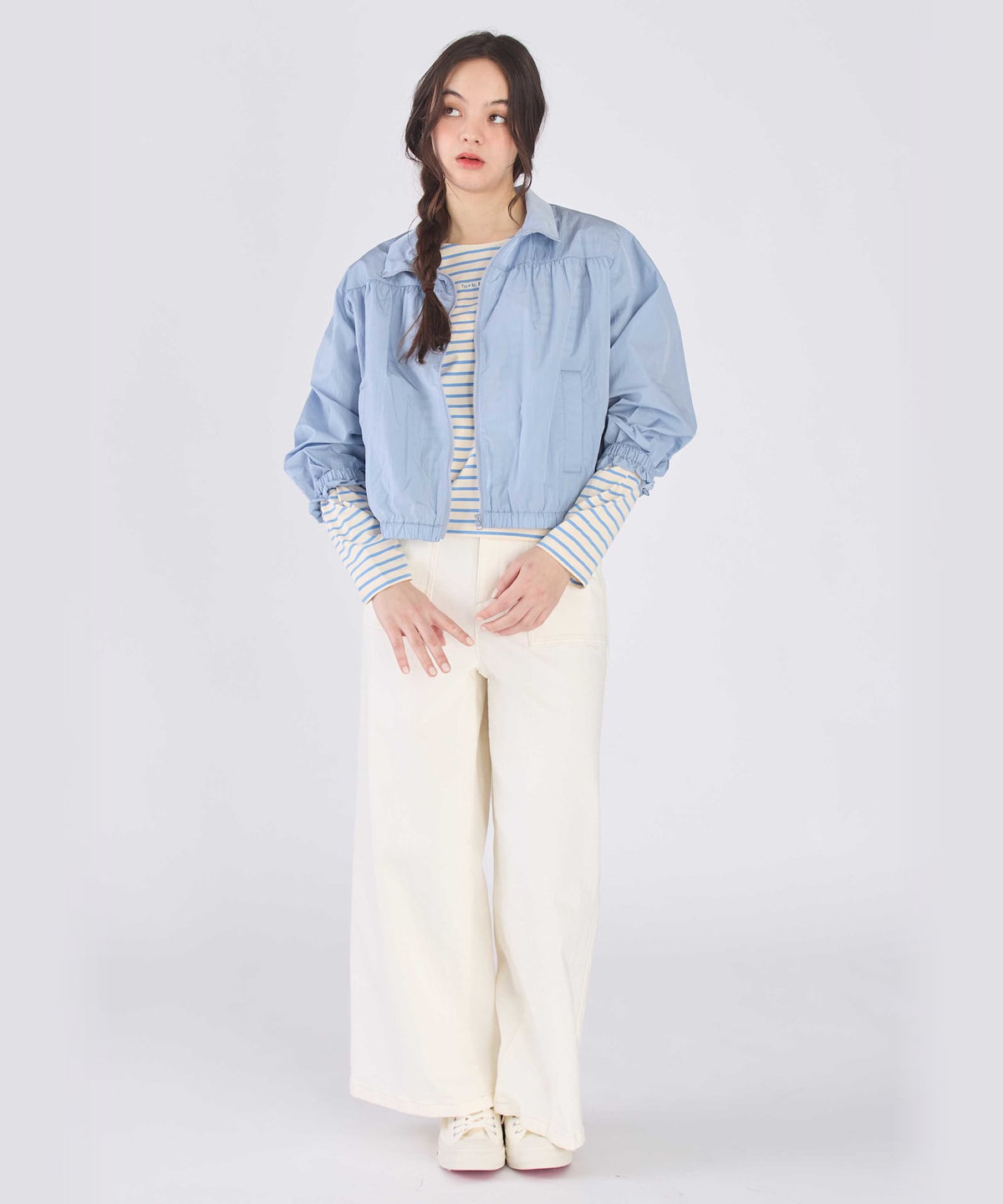 To b. by agnès b. シアー ナイロン パフィー ブルゾン ブルー