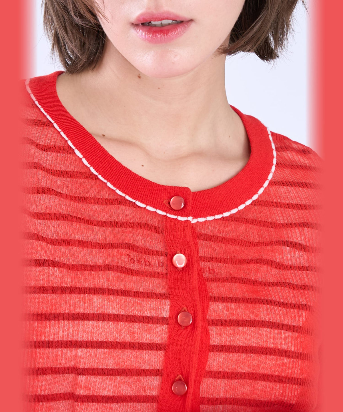 To b. by agnès b. シアー リブ 長袖 ニット カーディガン レッド