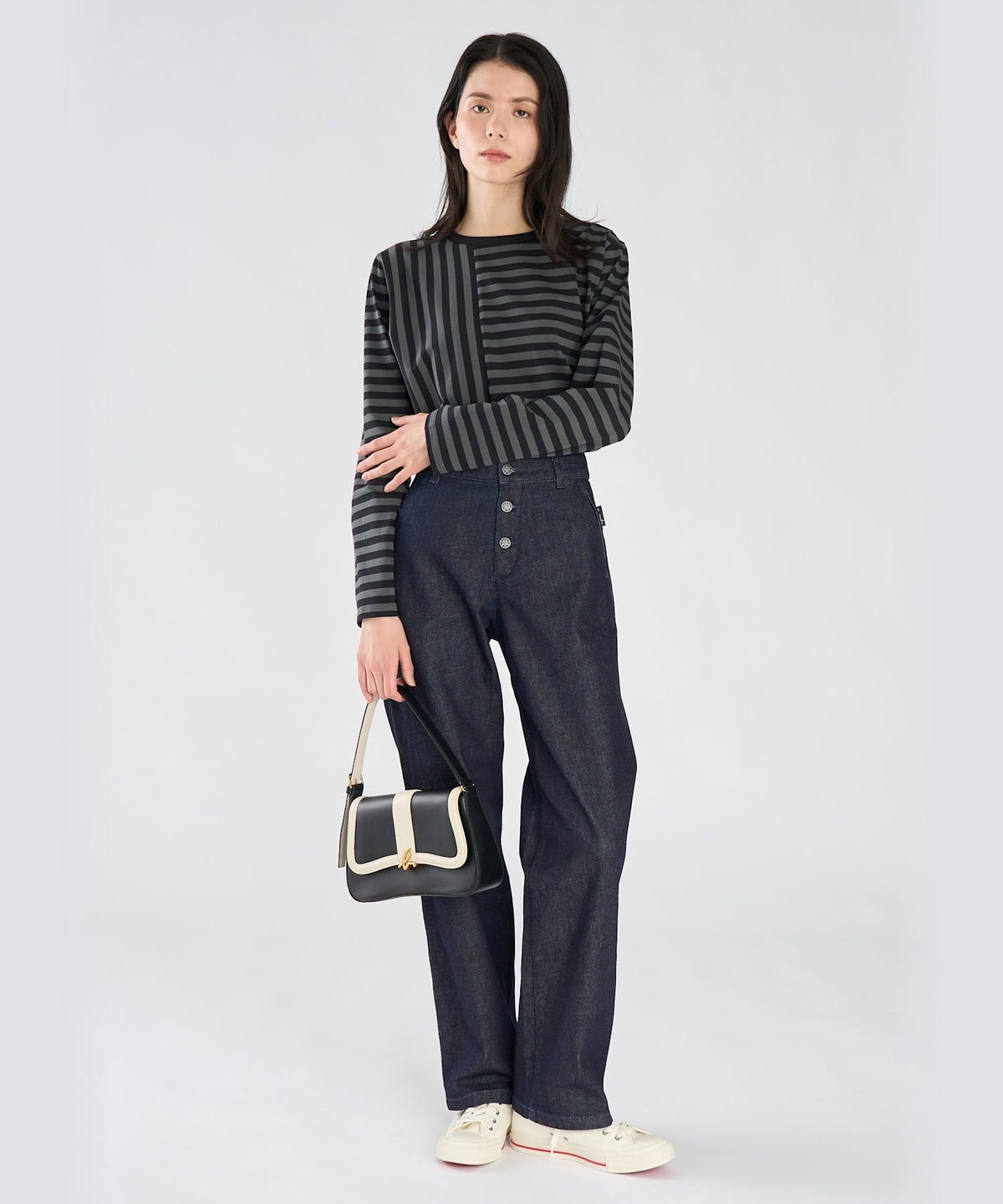 FEMME ウィメンズ 【by R 限定品】agnes b. 細ボーダーxストライプ コットン 長袖 Tシャツ "Haru" グレー系その他