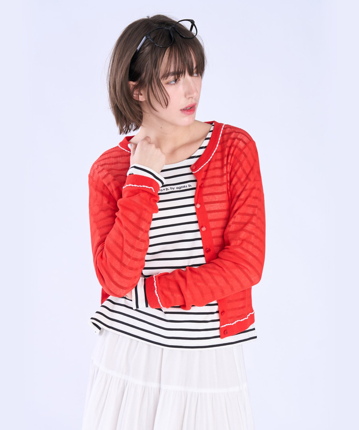 To b. by agnès b. シアー リブ 長袖 ニット カーディガン レッド