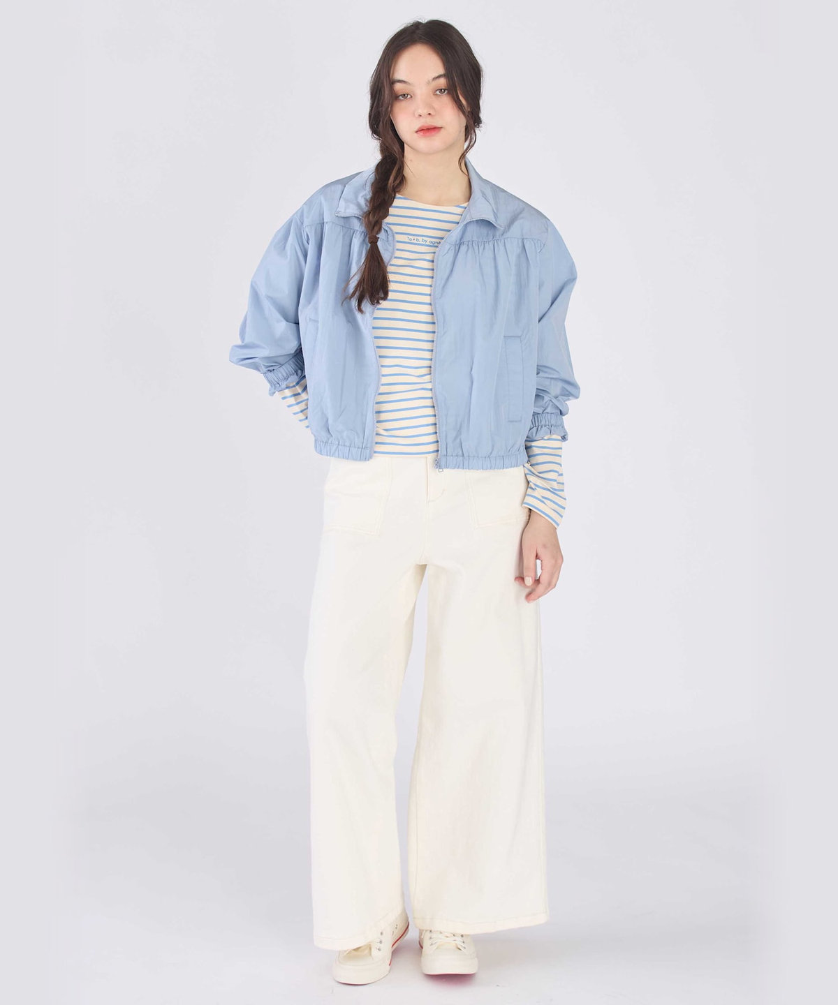 To b. by agnès b. シアー ナイロン パフィー ブルゾン ブルー