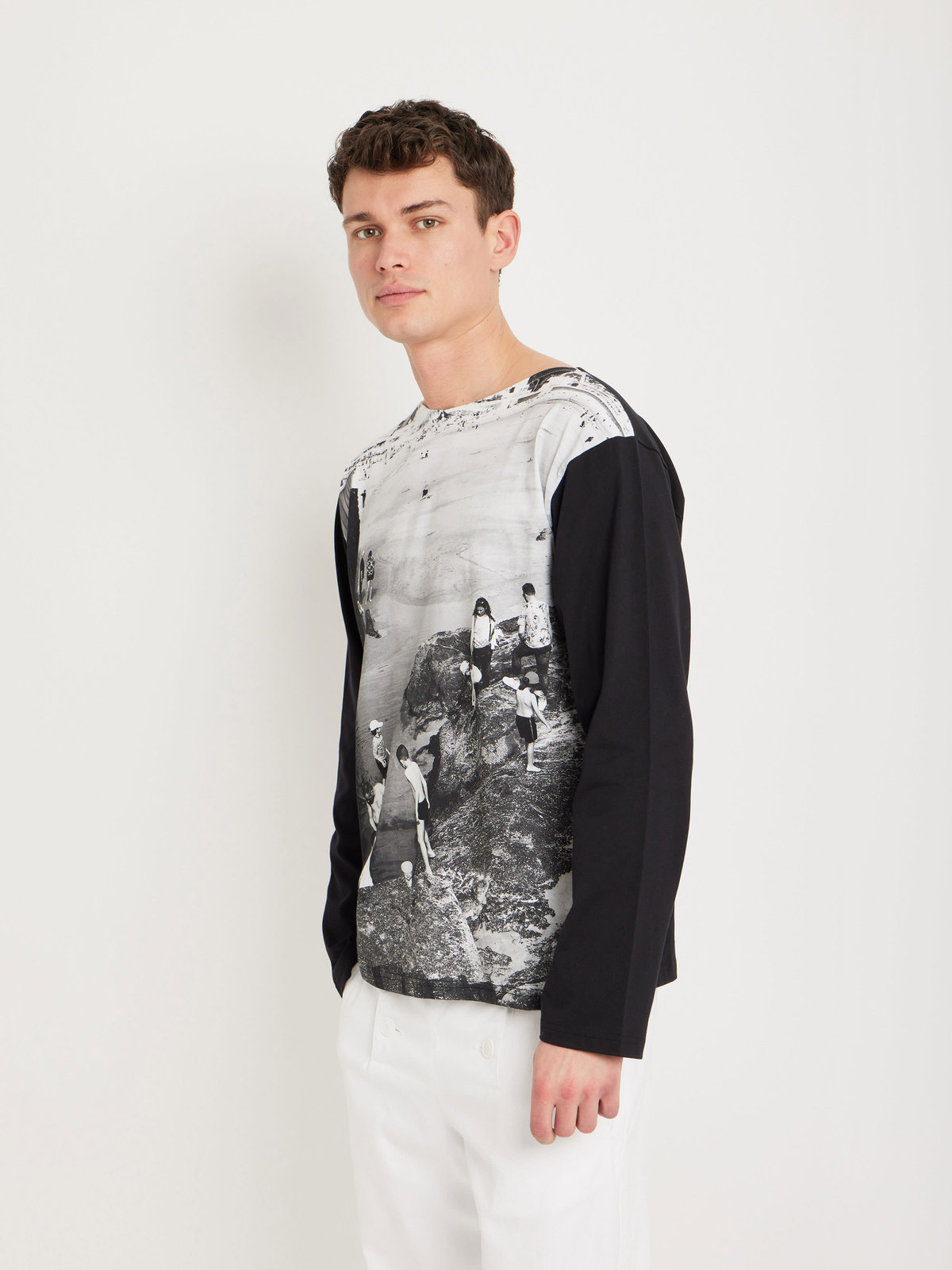 HOMME メンズ フォトプリント コットン 長袖 Tシャツ ”La plage” マルチ