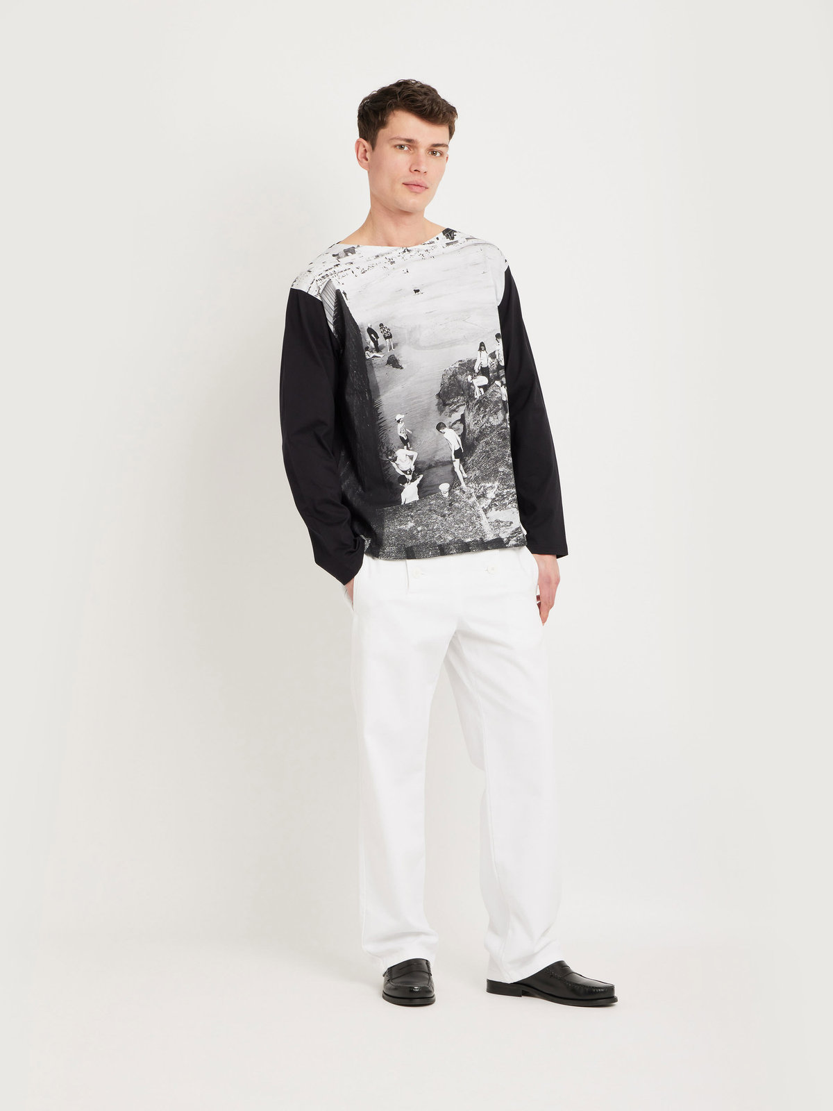 HOMME メンズ フォトプリント コットン 長袖 Tシャツ ”La plage” マルチ