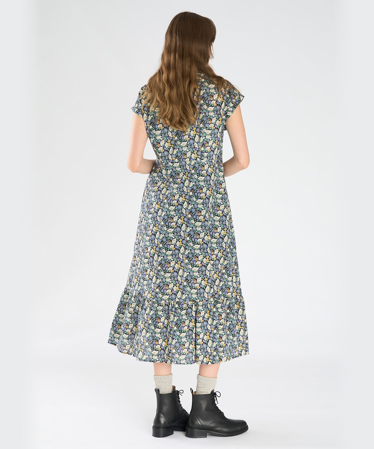 To b. by agnès b. フラワープリント コットン ショートスリーブ ワンピース ブルー