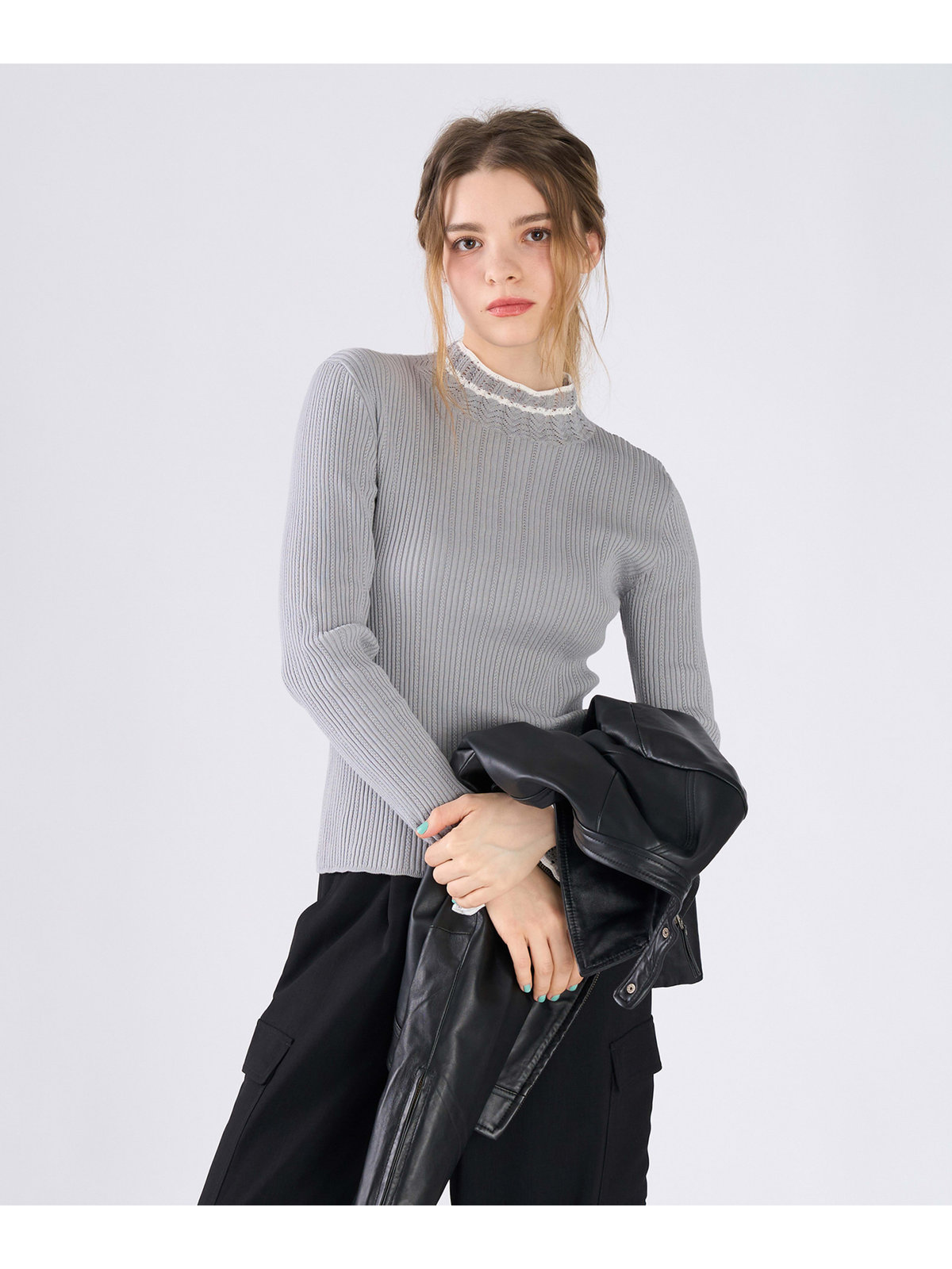 To b. by agnès b. コットン オープンワーク ニット プルオーバー グレー