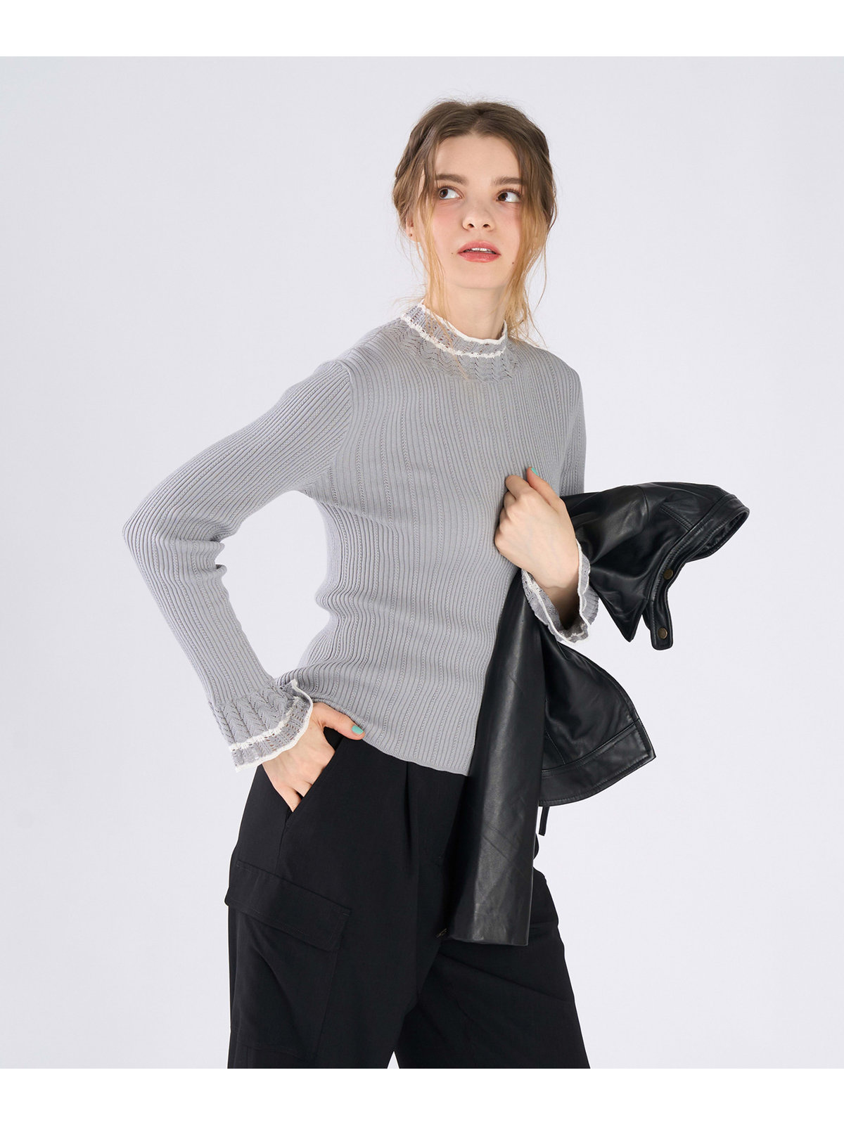 To b. by agnès b. コットン オープンワーク ニット プルオーバー グレー