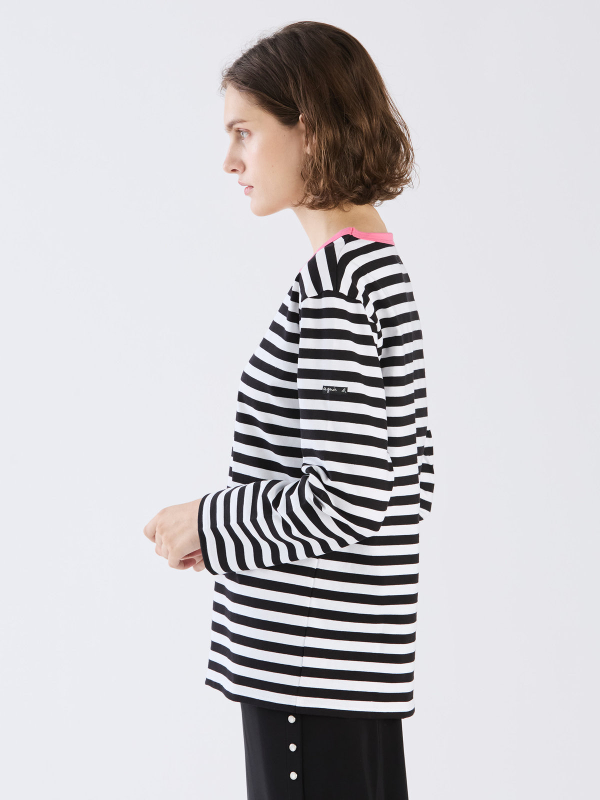 FEMME ウィメンズ 細ボーダー コットン 長袖 Tシャツ "Biotop" ブラック