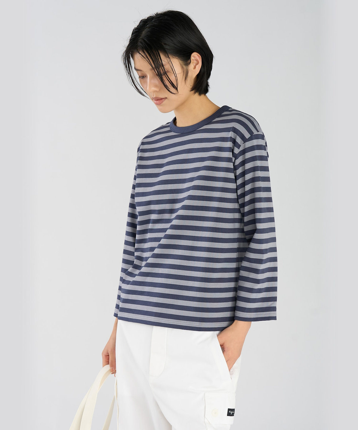 FEMME ウィメンズ 細ボーダー コットン 七分袖 Tシャツ "Lil Cool" マルチ