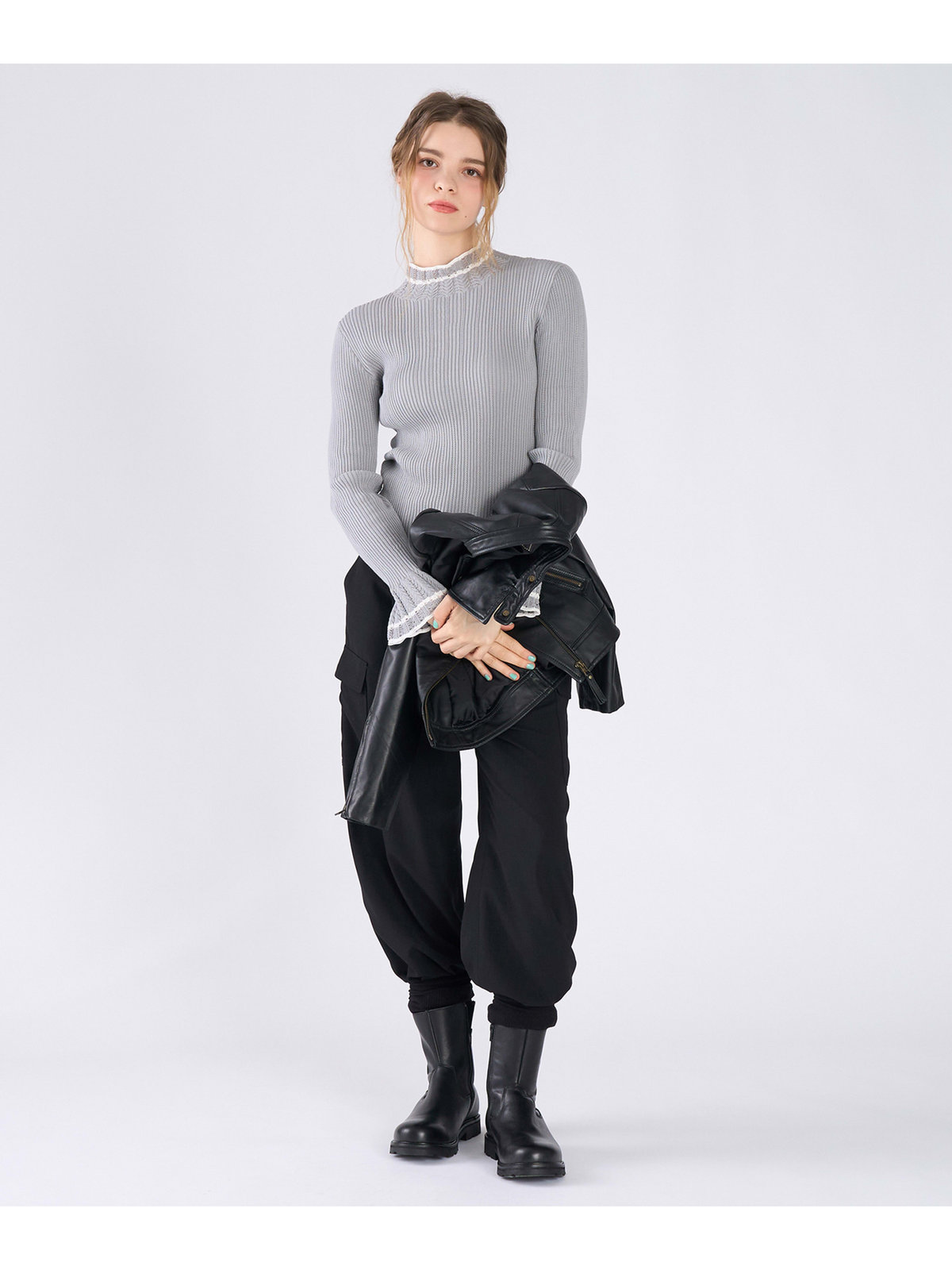 To b. by agnès b. コットン オープンワーク ニット プルオーバー グレー