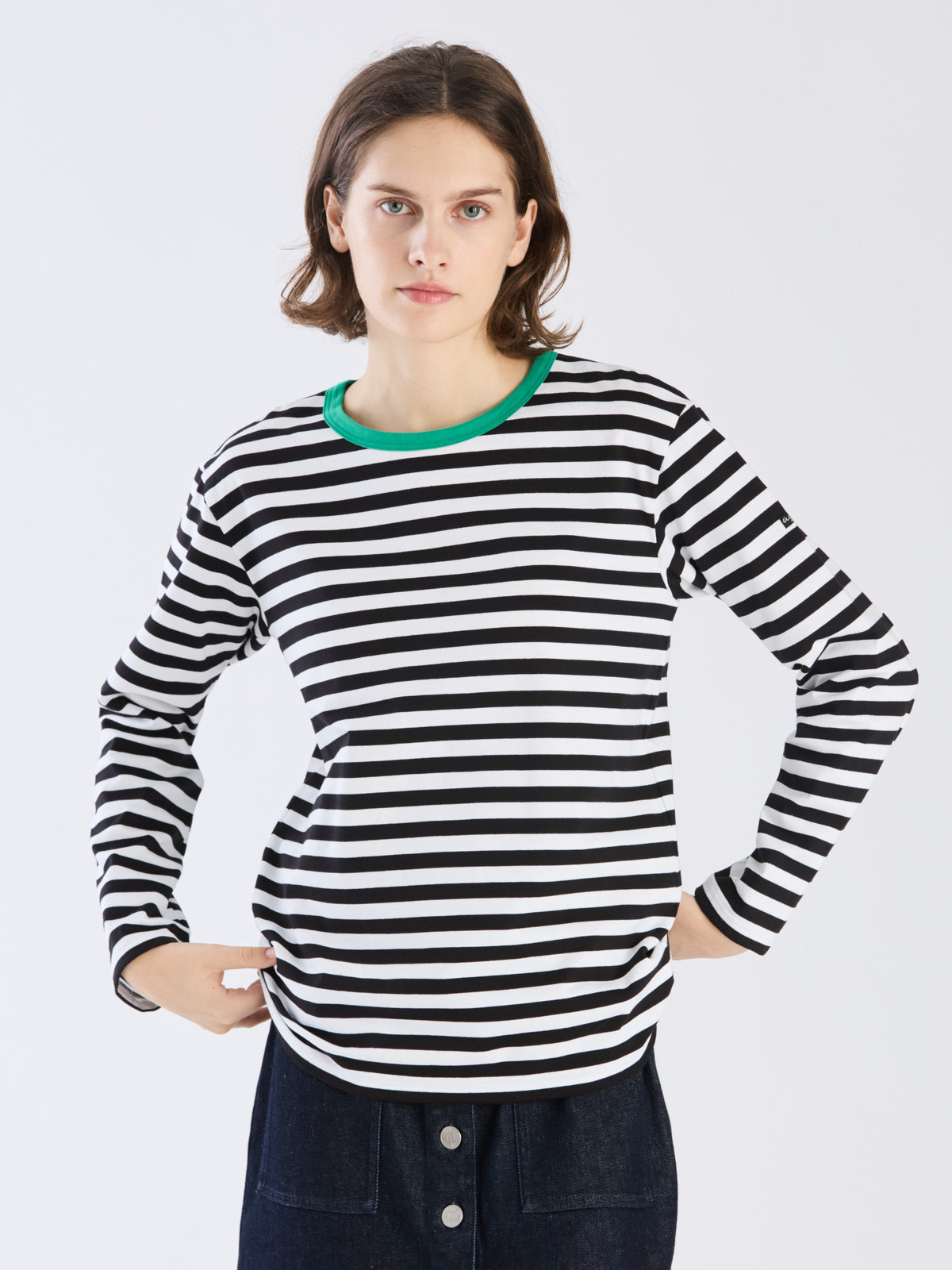 FEMME ウィメンズ 細ボーダー コットン 長袖 Tシャツ ”Biotop” ブラック