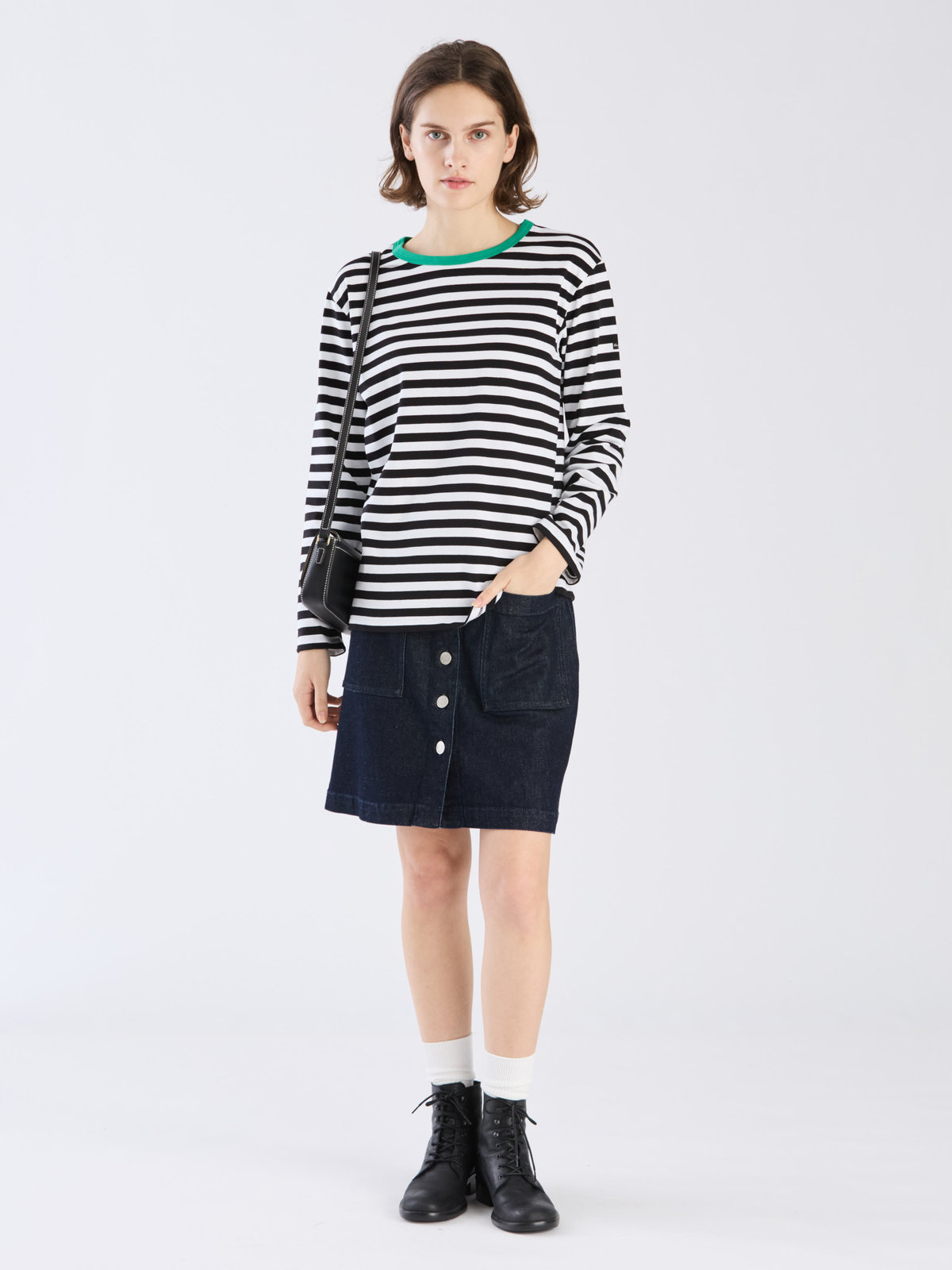 FEMME ウィメンズ 細ボーダー コットン 長袖 Tシャツ ”Biotop” ブラック