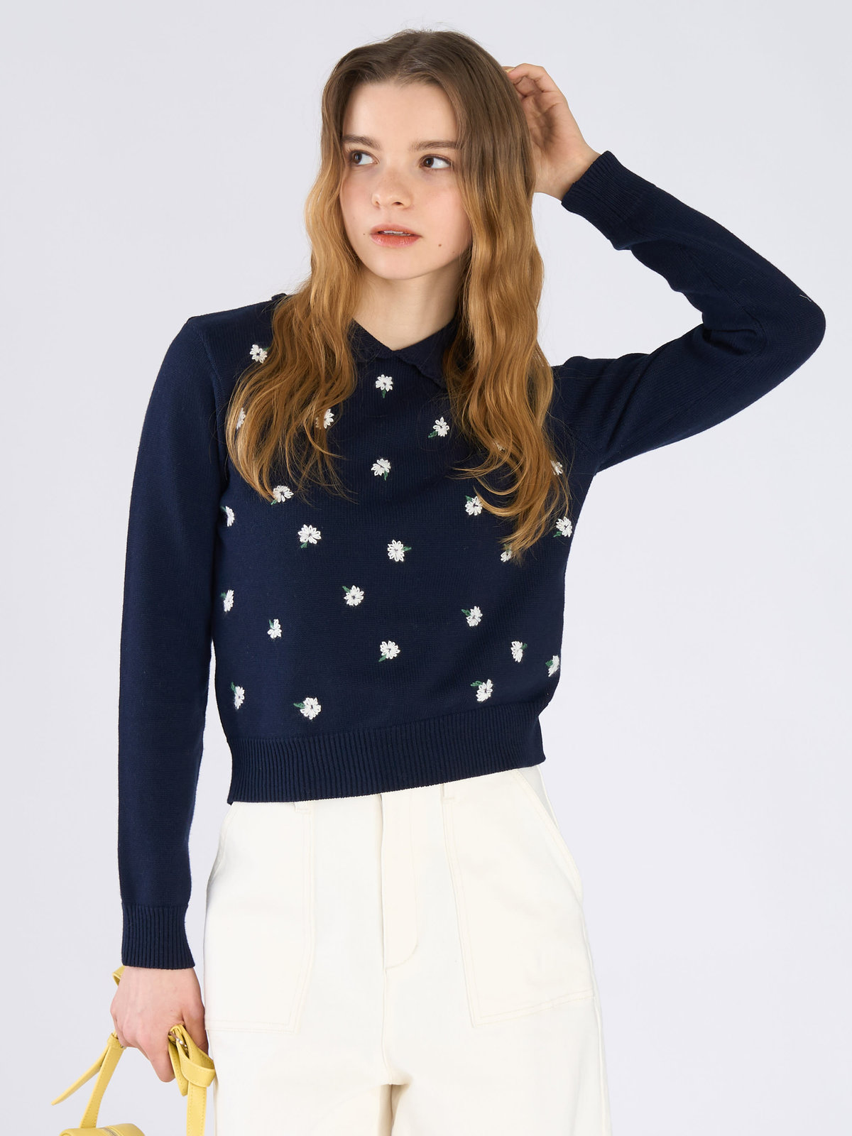 To b. by agnès b. フラワー 刺繍 コットン ニット プルオーバー ネイビー