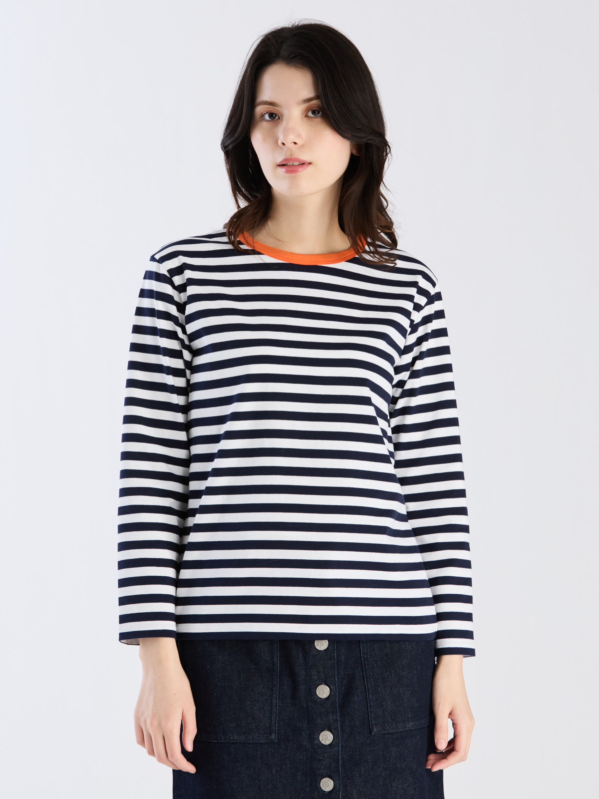 FEMME ウィメンズ 細ボーダー コットン 長袖 Tシャツ "Biotop" オレンジ系その他