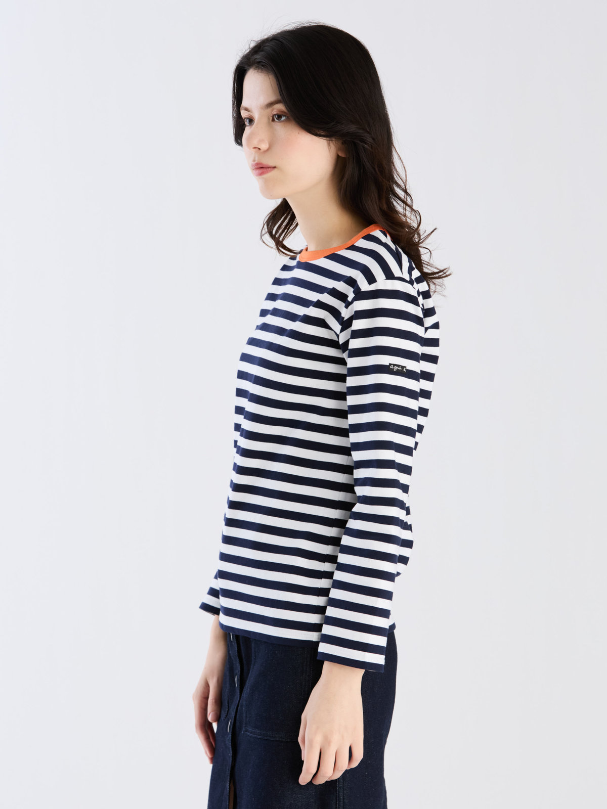 FEMME ウィメンズ 細ボーダー コットン 長袖 Tシャツ "Biotop" オレンジ系その他