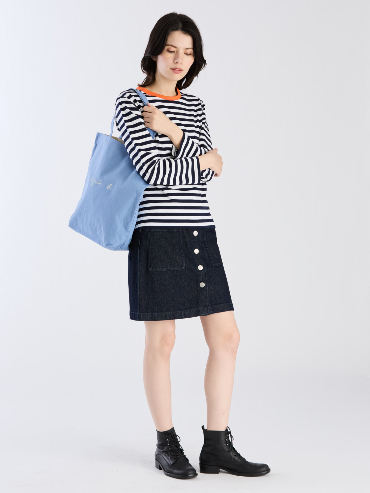 FEMME ウィメンズ 細ボーダー コットン 長袖 Tシャツ "Biotop" オレンジ系その他