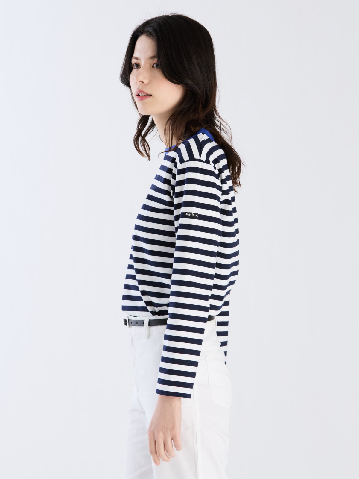 FEMME ウィメンズ 細ボーダー コットン 長袖 Tシャツ ”Biotop” ブルー系その他