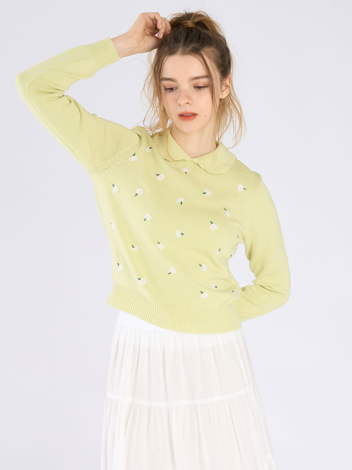 To b. by agnès b. フラワー 刺繍 コットン ニット プルオーバー グリーン