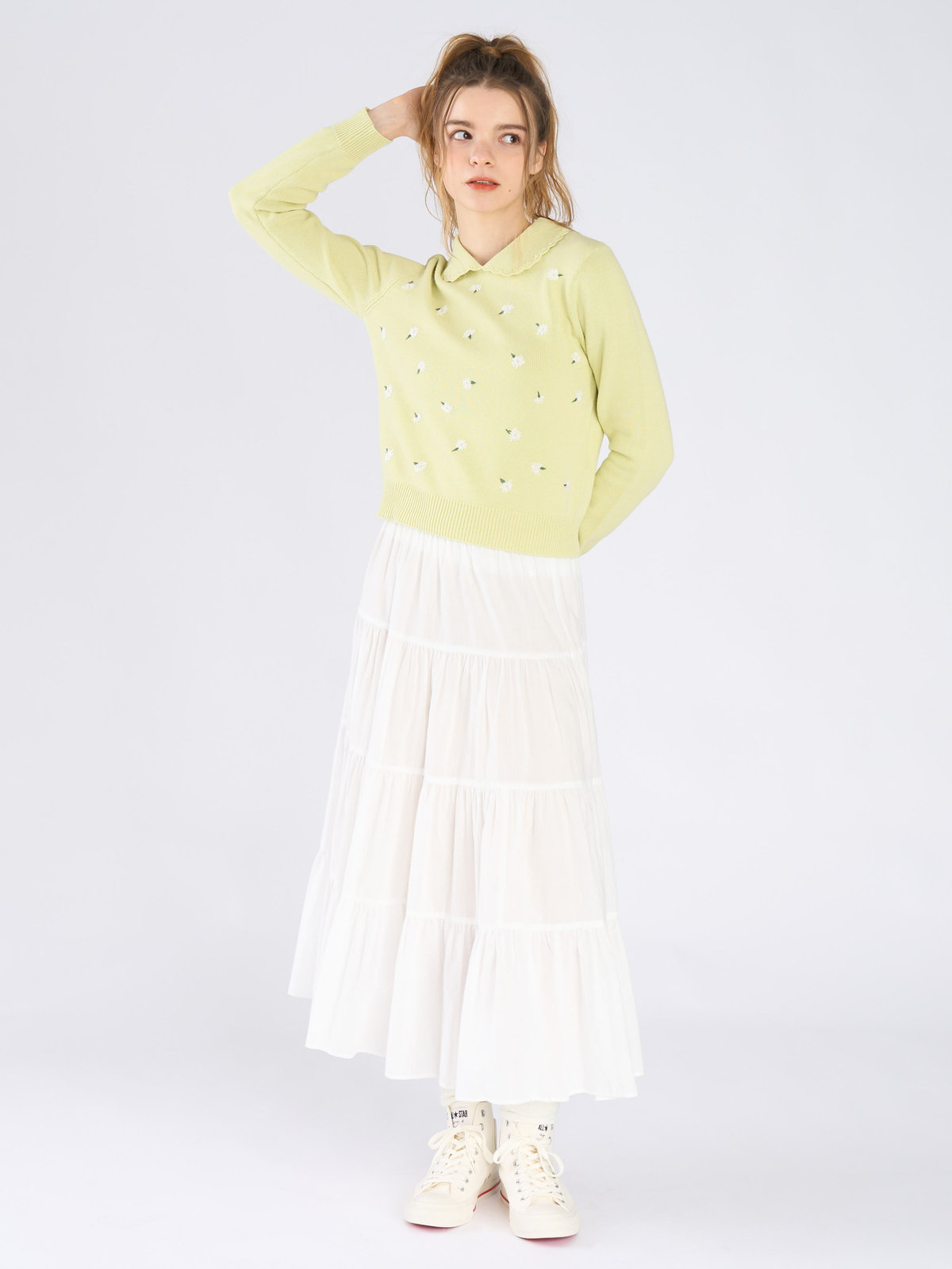 To b. by agnès b. フラワー 刺繍 コットン ニット プルオーバー グリーン