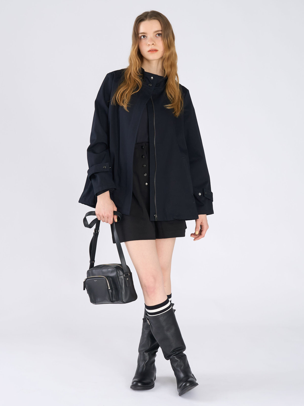 To b. by agnès b. コットン スタンドカラー ジップアップ ショートコート ネイビー