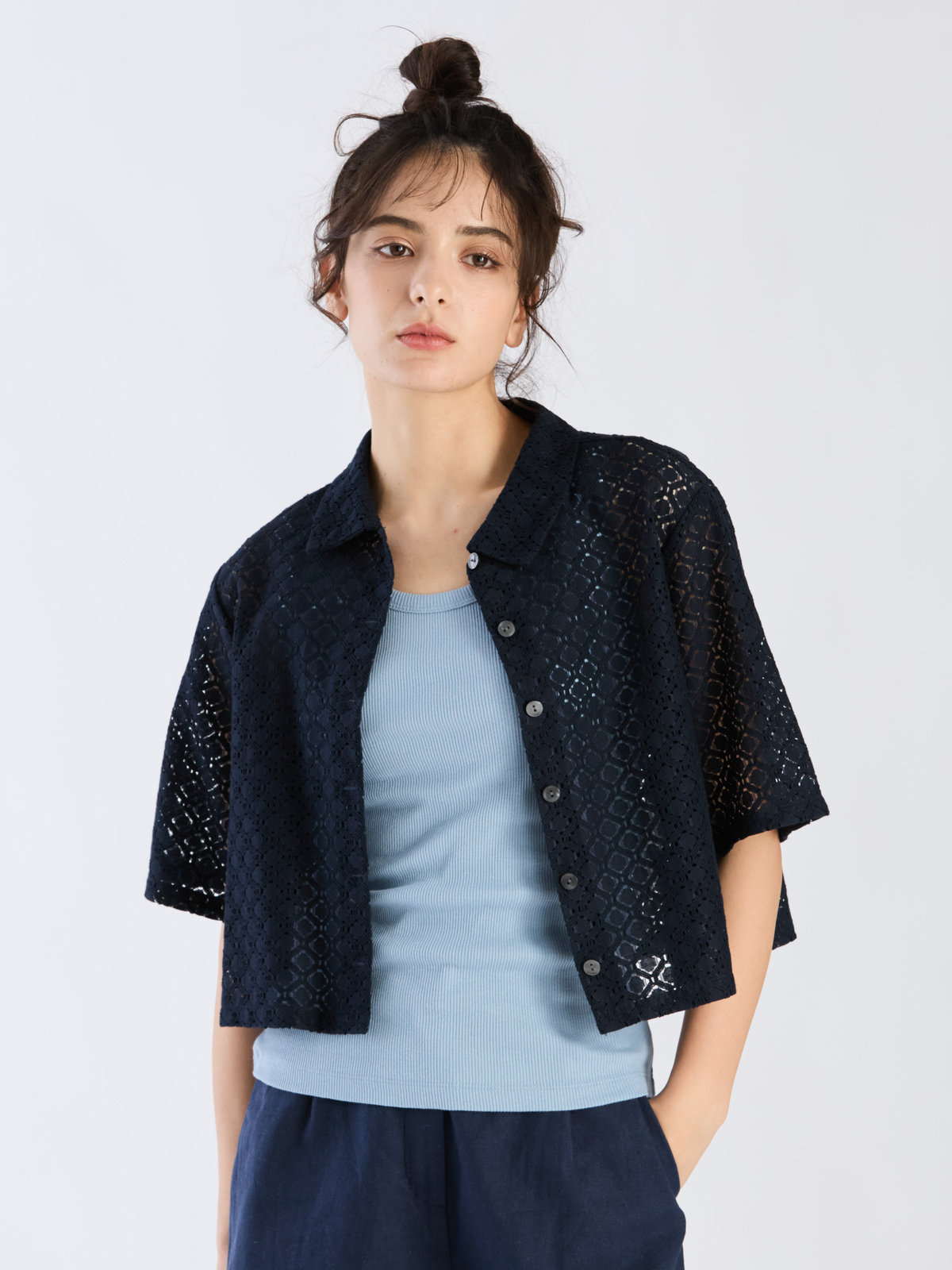 To b. by agnès b. 【Outlet】オプティカルレースシャツ ネイビー