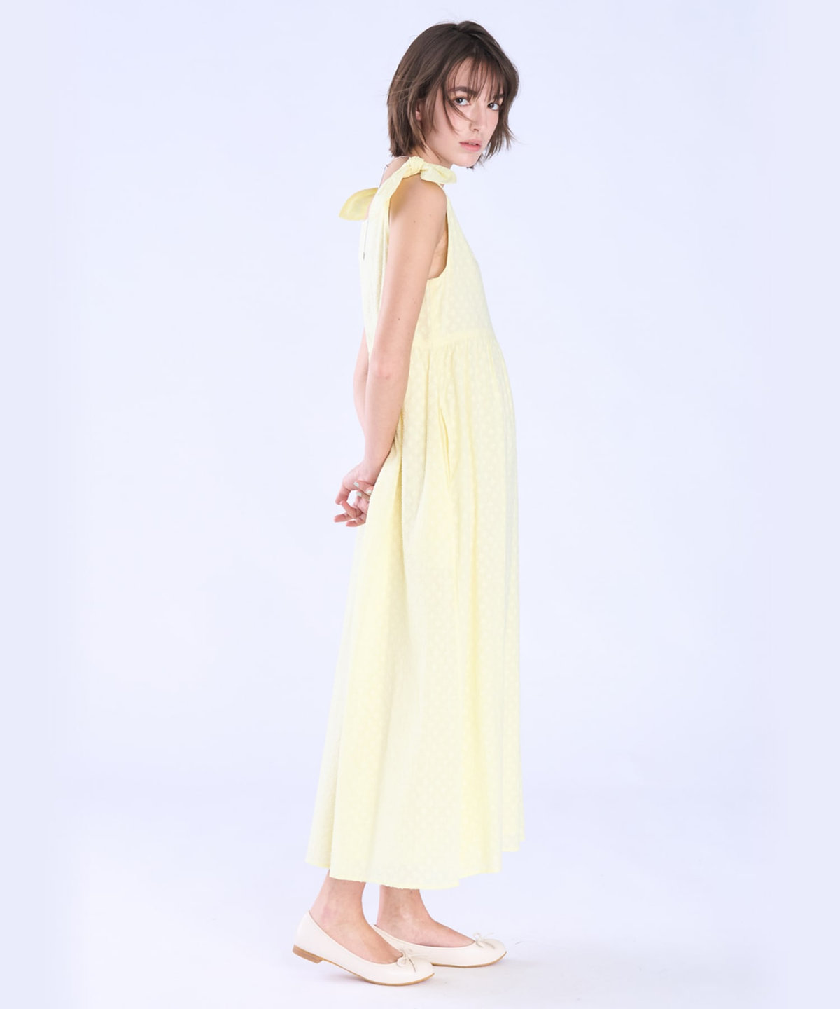 To b. by agnès b. フラワー コットン カット ジャカード ワンピース イエロー