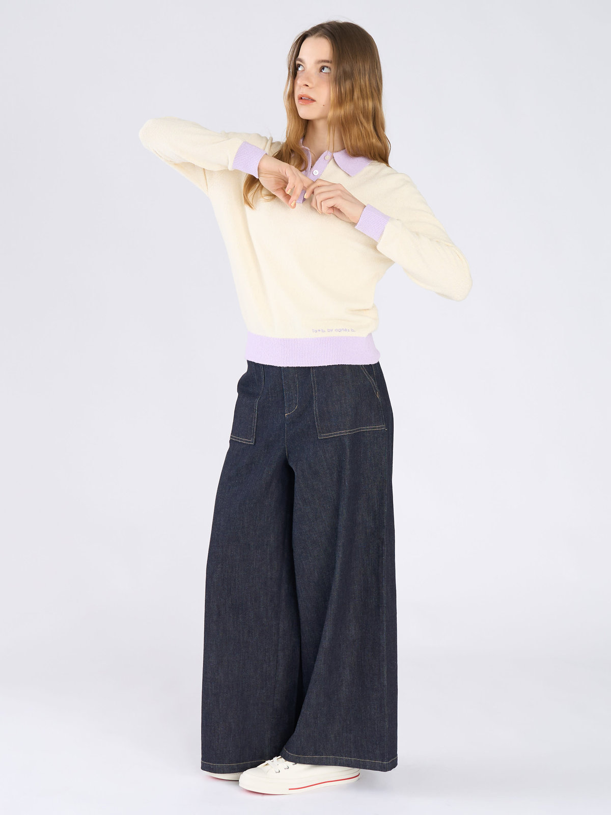 To b. by agnès b. バイカラー ポロ ニット プルオーバー オフホワイト