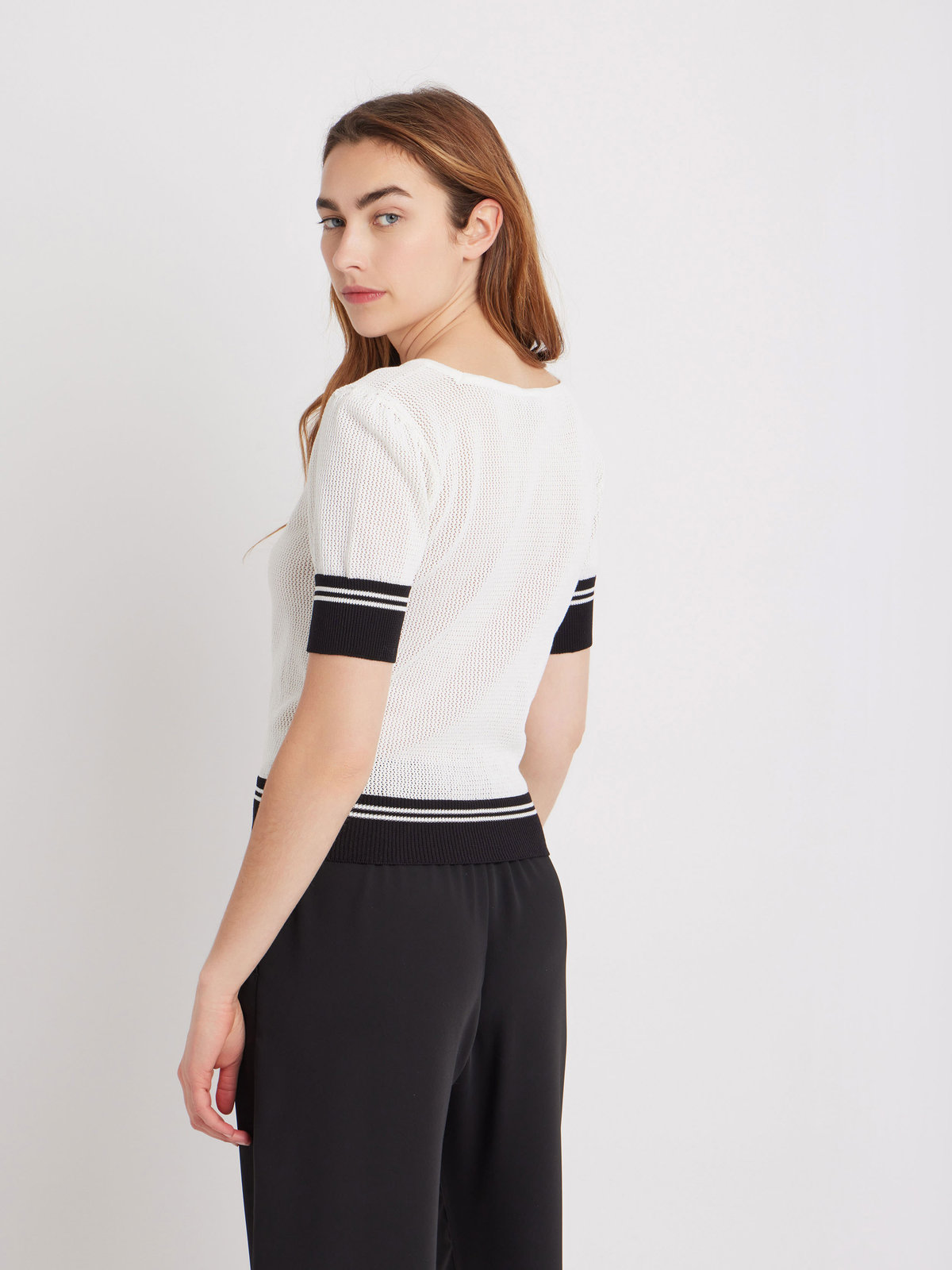 FEMME ウィメンズ メッシュ 5分袖 ニットプルオーバー ”Jessica” ホワイト