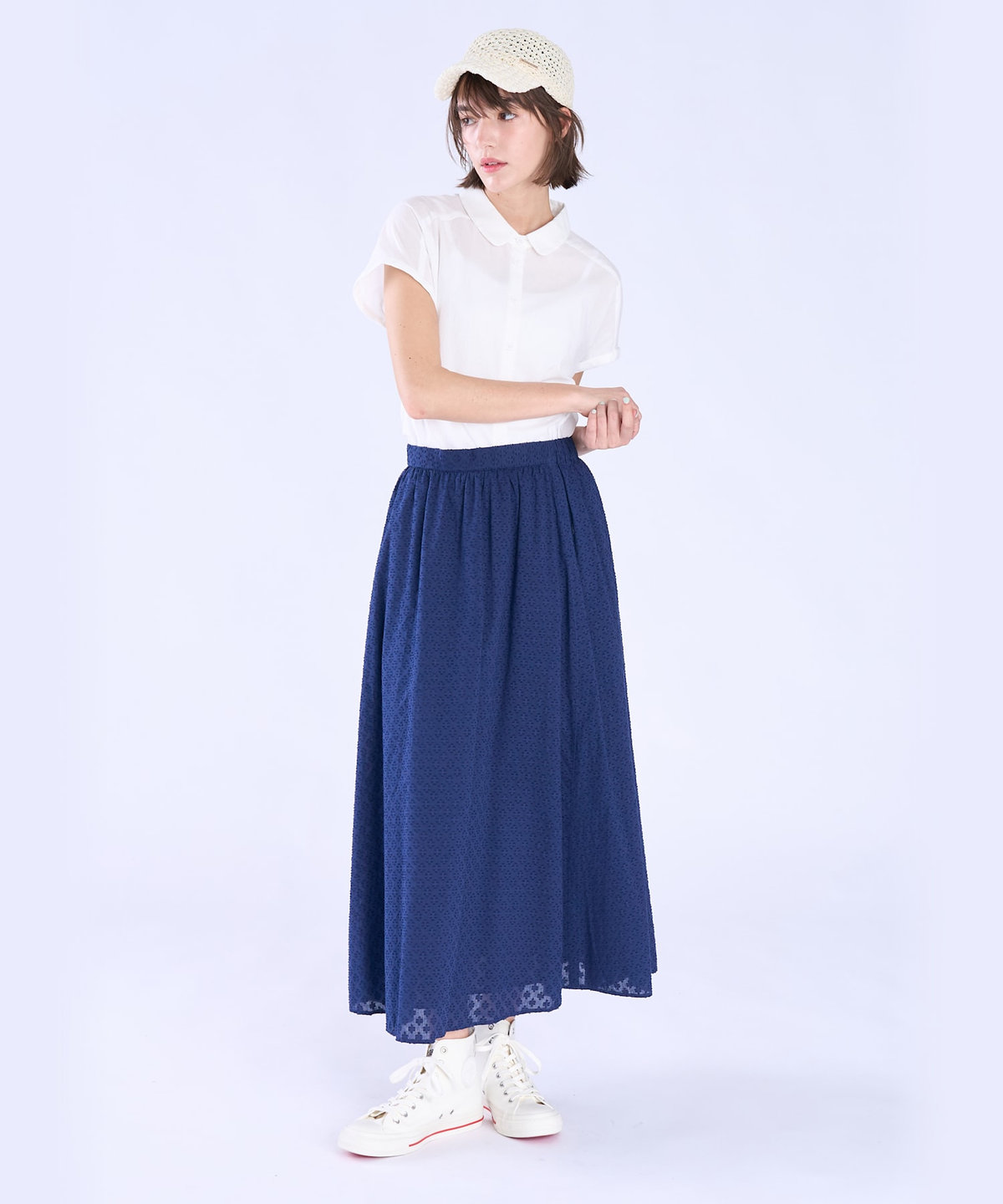 To b. by agnès b. フラワー コットン カット ジャカード スカート ネイビー