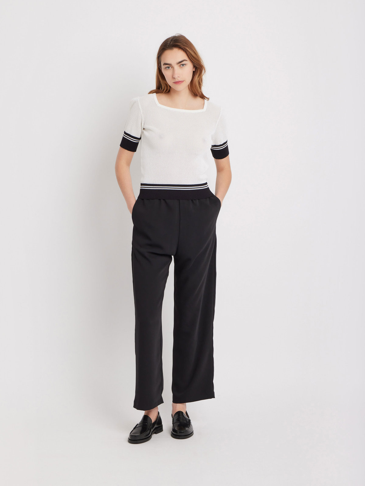 FEMME ウィメンズ メッシュ 5分袖 ニットプルオーバー ”Jessica” ホワイト