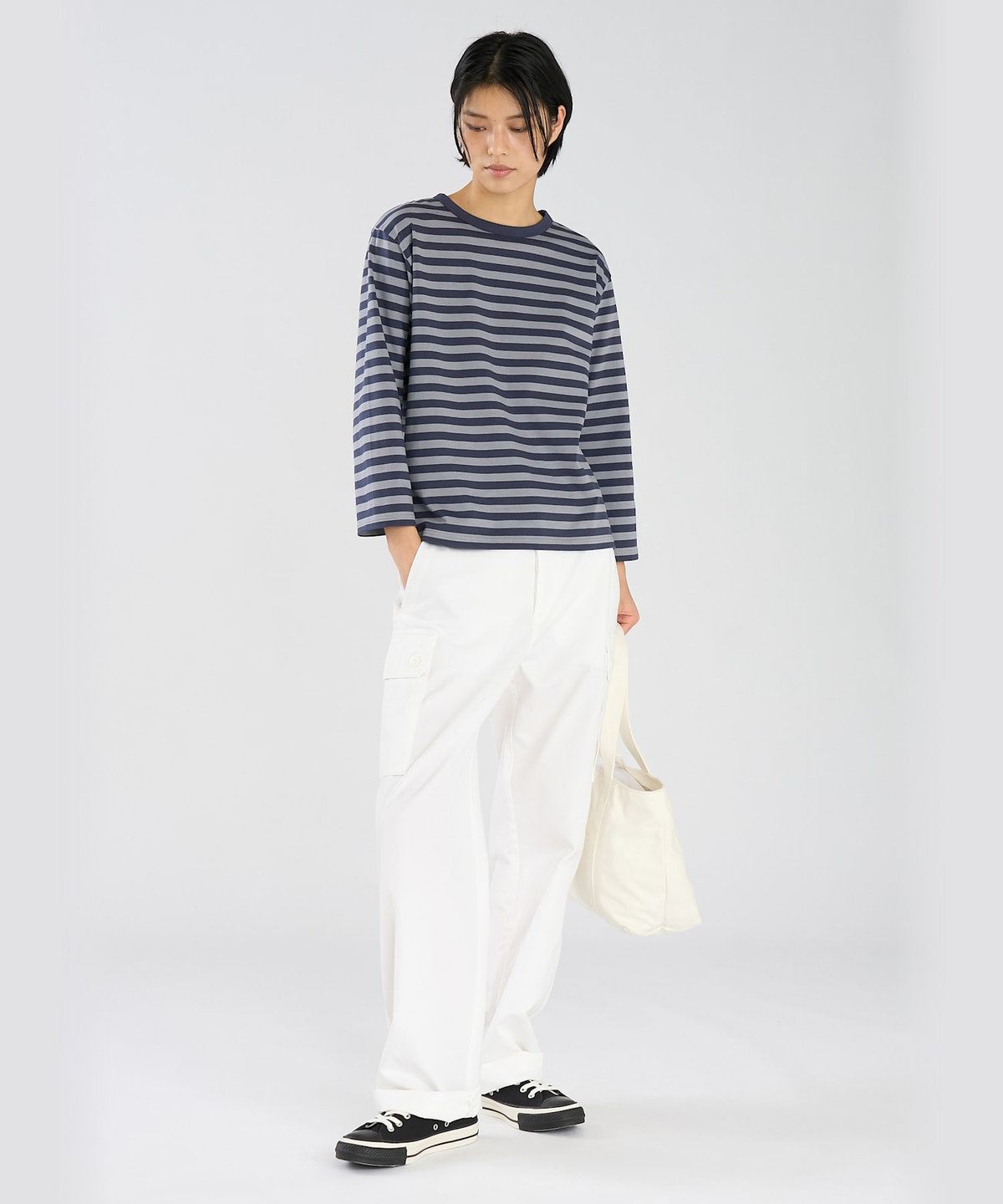 FEMME ウィメンズ 細ボーダー コットン 七分袖 Tシャツ "Lil Cool" マルチ