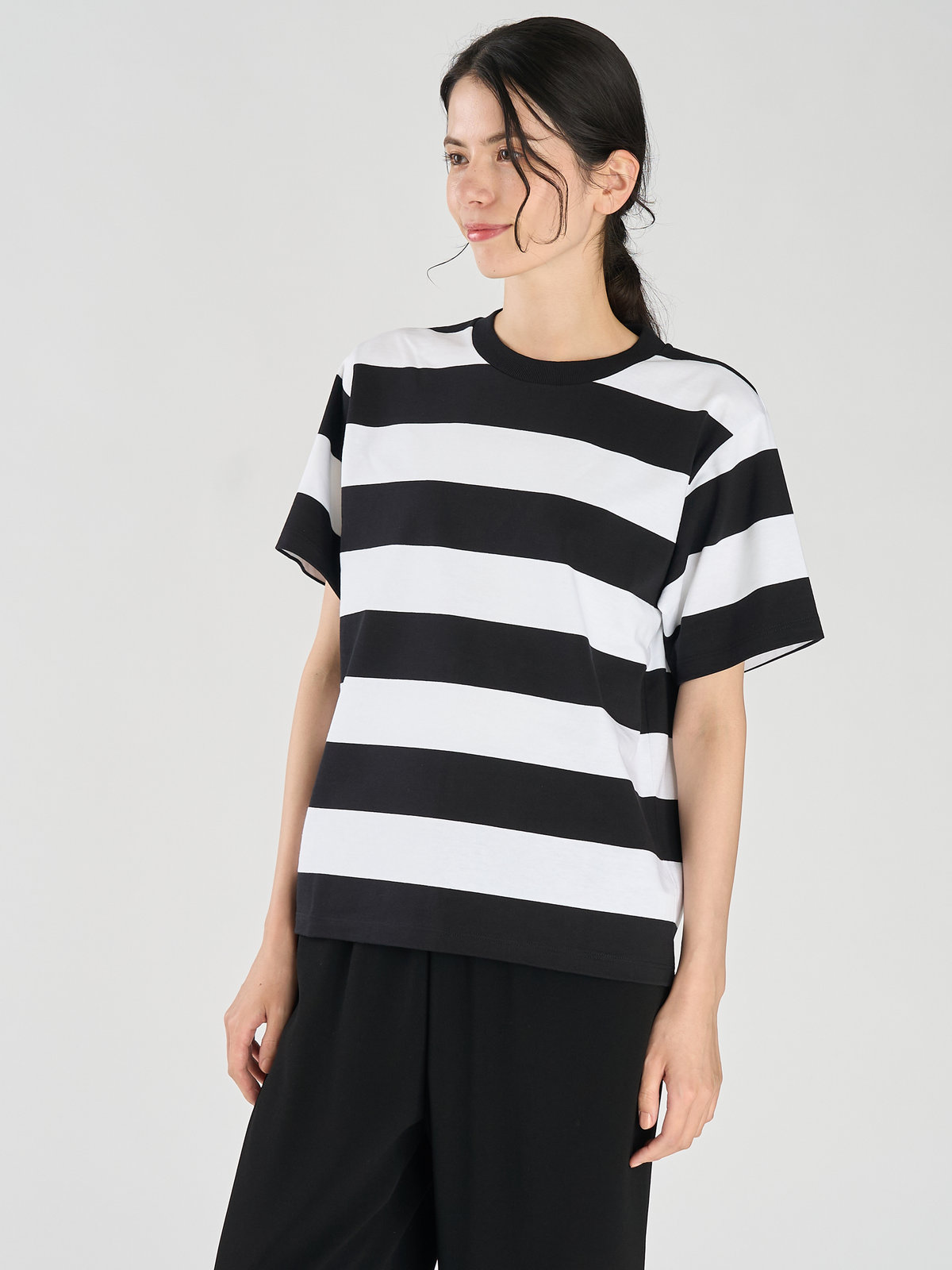FEMME ウィメンズ 太ボーダー コットン 半袖 Tシャツ "Christof" ホワイト×ブラック