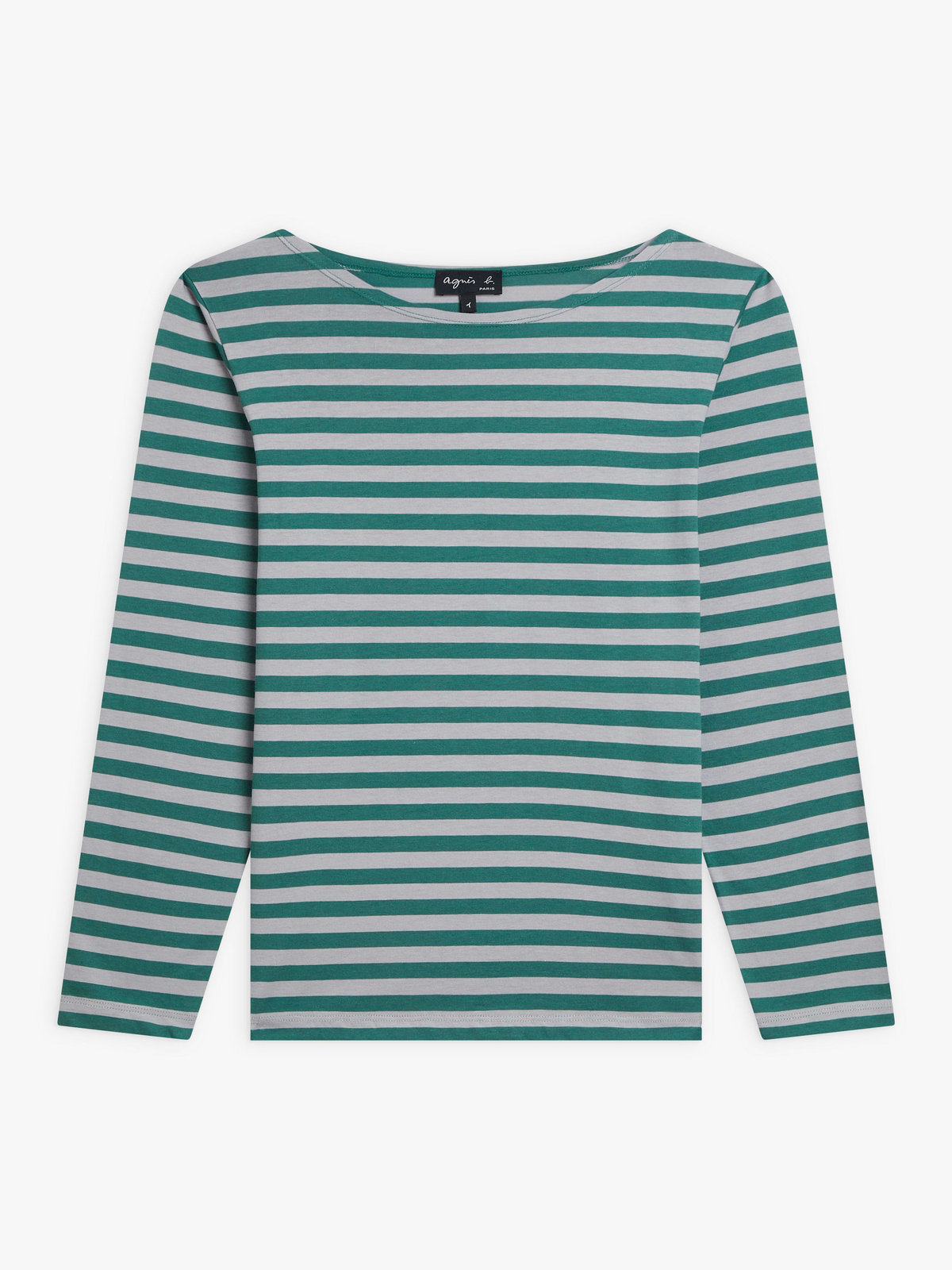 FEMME ウィメンズ 【Outlet】細ボーダー ボートネック 長袖 Tシャツ "New Bow" グリーン×スモーキーブルー