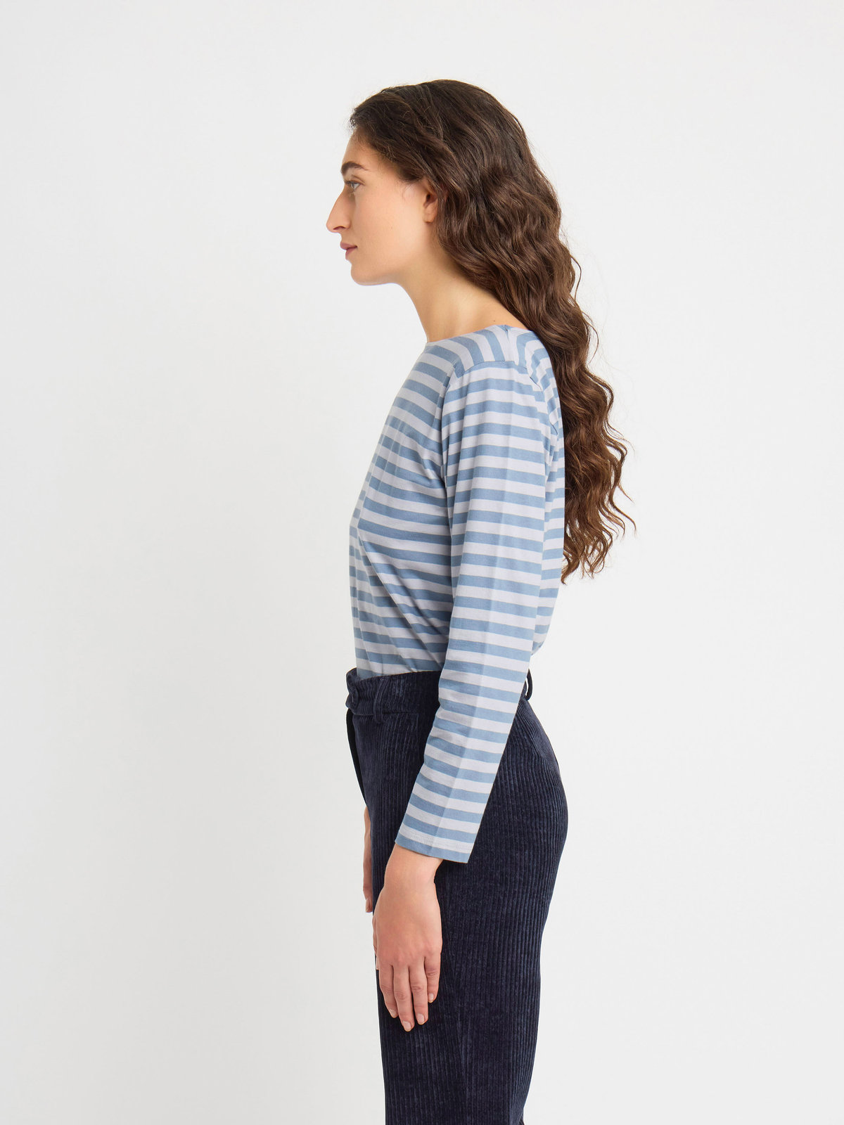 FEMME ウィメンズ 【Outlet】細ボーダー ボートネック 長袖 Tシャツ "New Bow" ブルーグレー×ライトグレー