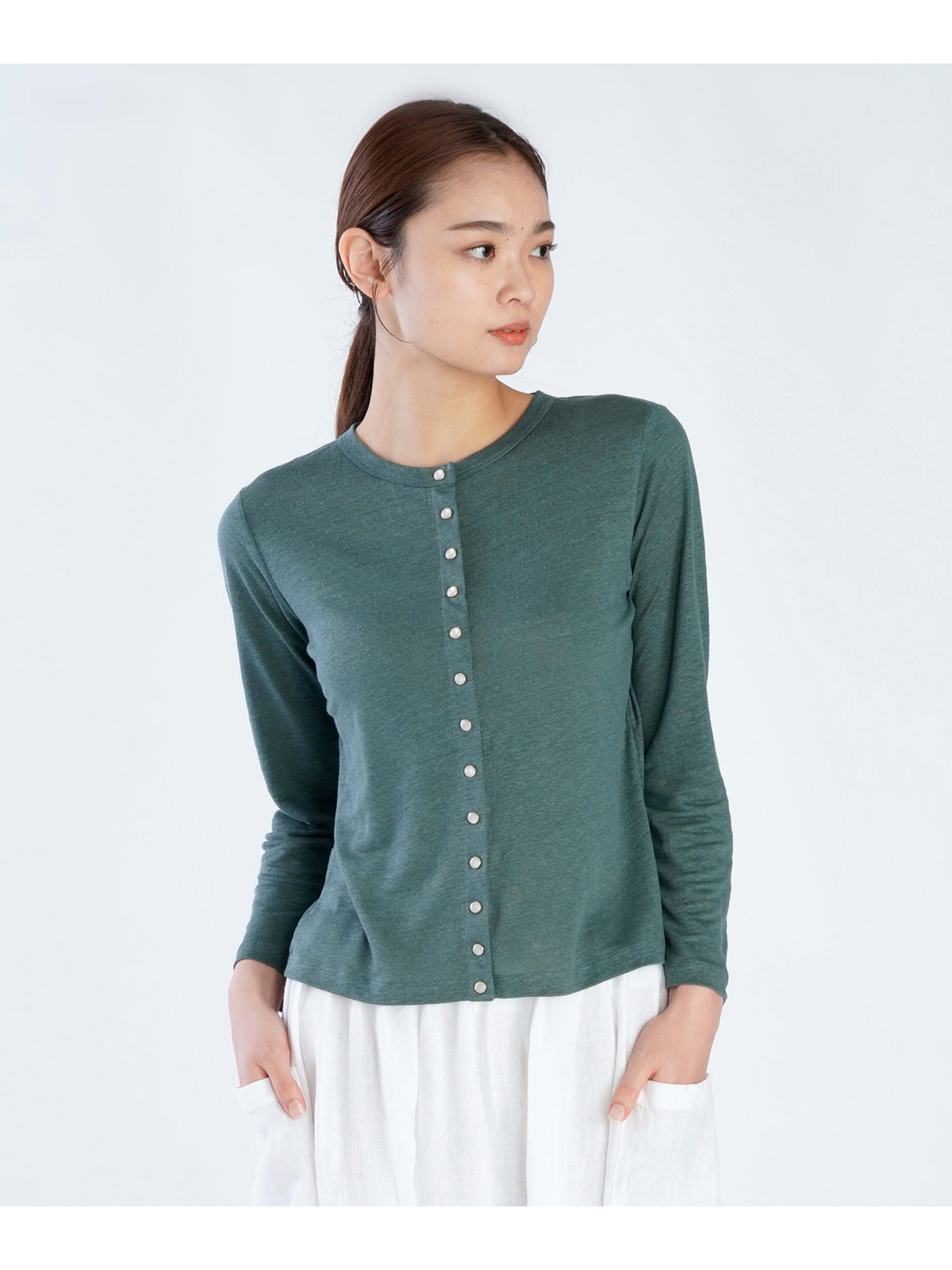 FEMME ウィメンズ リネン 長袖 カーディガンプレッション "Le Petit" グリーン