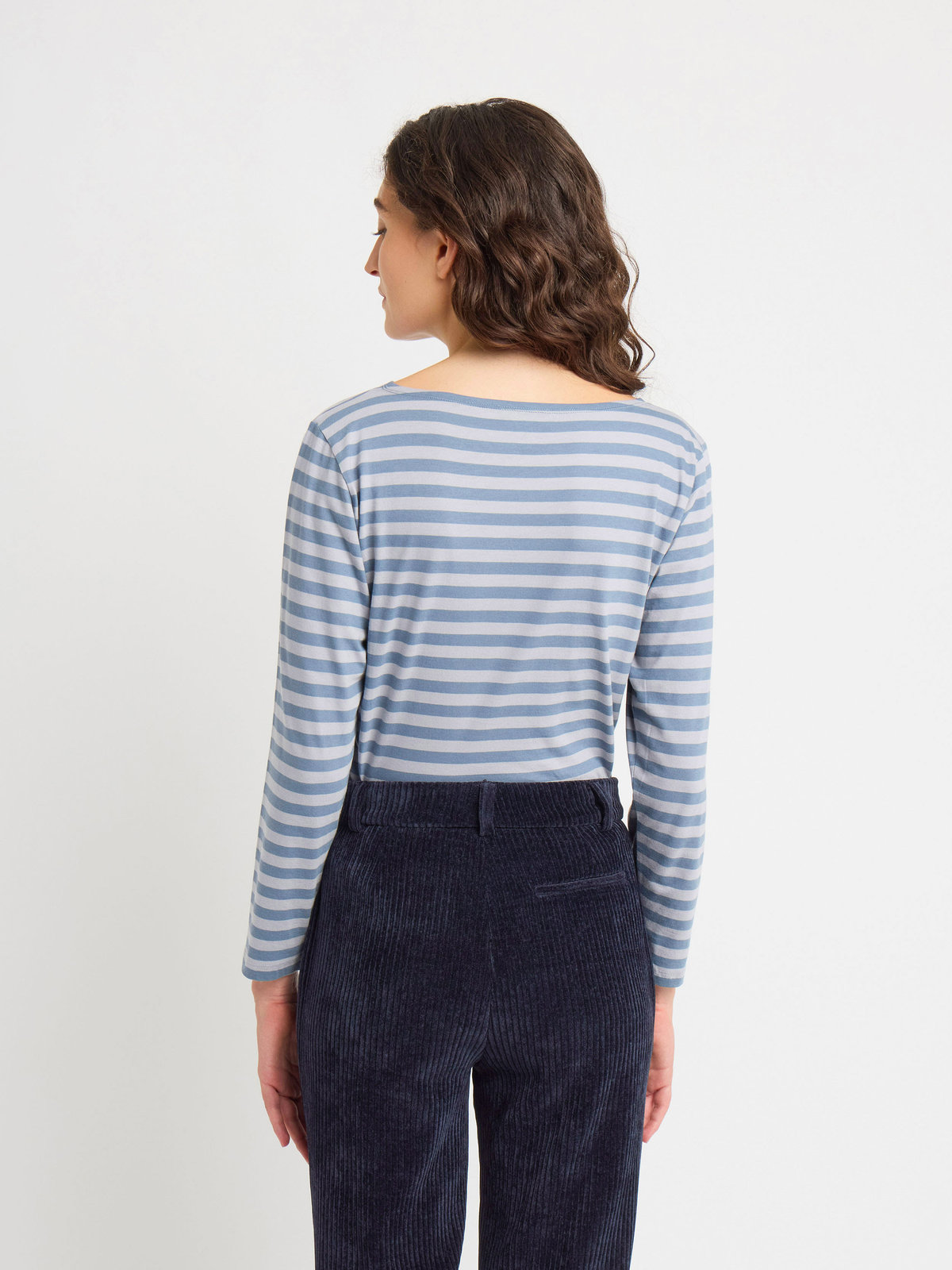 FEMME ウィメンズ 【Outlet】細ボーダー ボートネック 長袖 Tシャツ "New Bow" ブルーグレー×ライトグレー
