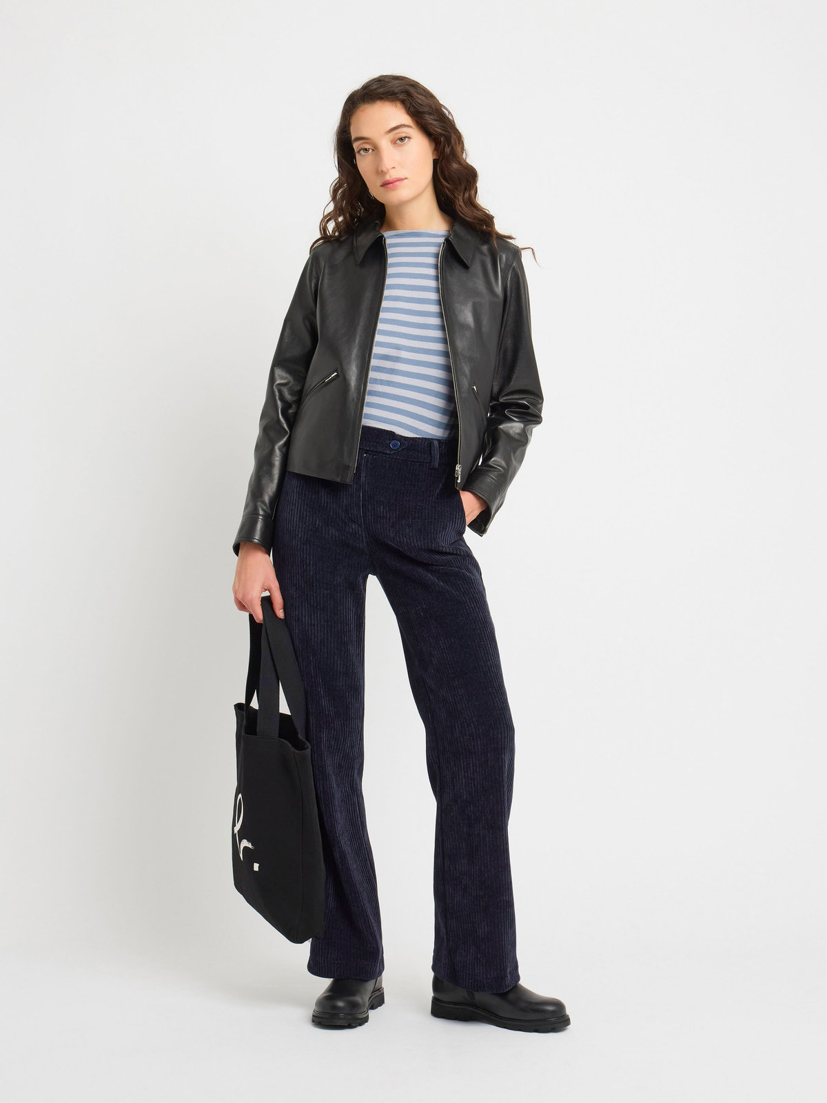 FEMME ウィメンズ 【Outlet】細ボーダー ボートネック 長袖 Tシャツ "New Bow" ブルーグレー×ライトグレー