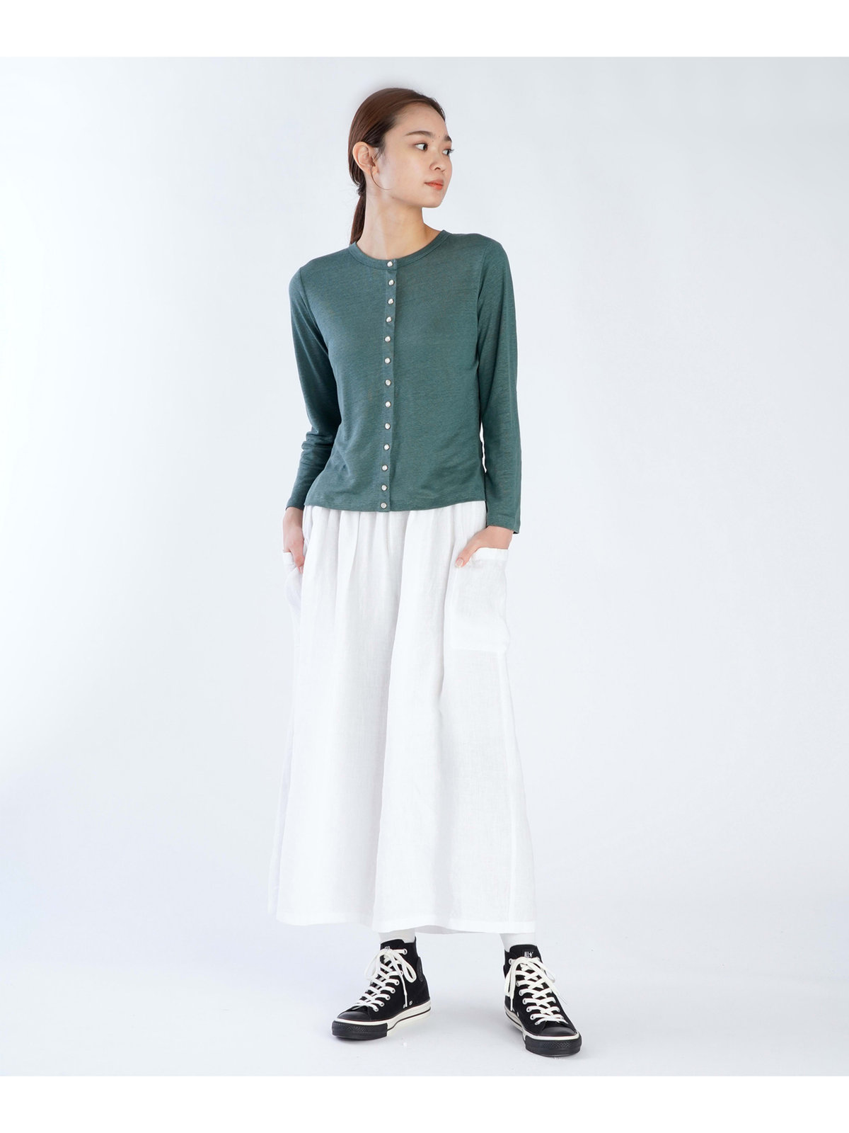 FEMME ウィメンズ リネン 長袖 カーディガンプレッション "Le Petit" グリーン