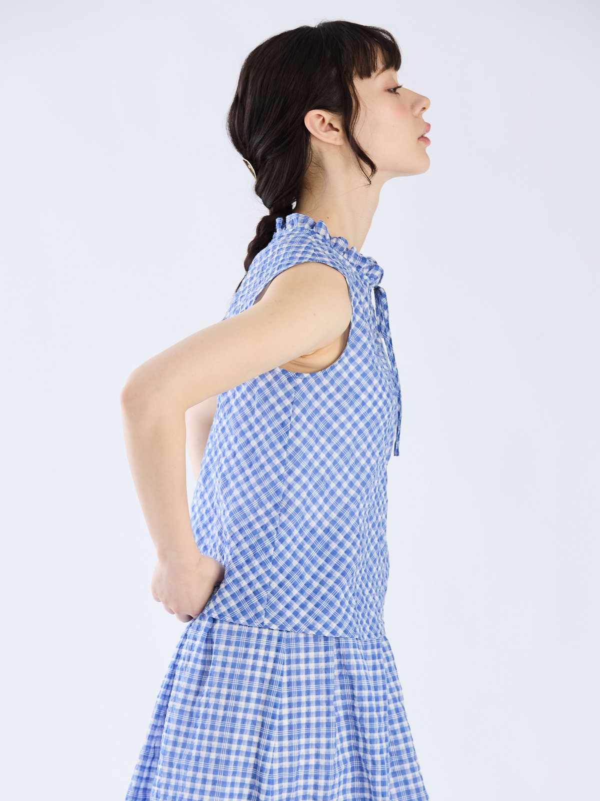 To b. by agnès b. 【Outlet】【セットアップ対応商品】ギンガム ノースリーブ ブラウス ブルー