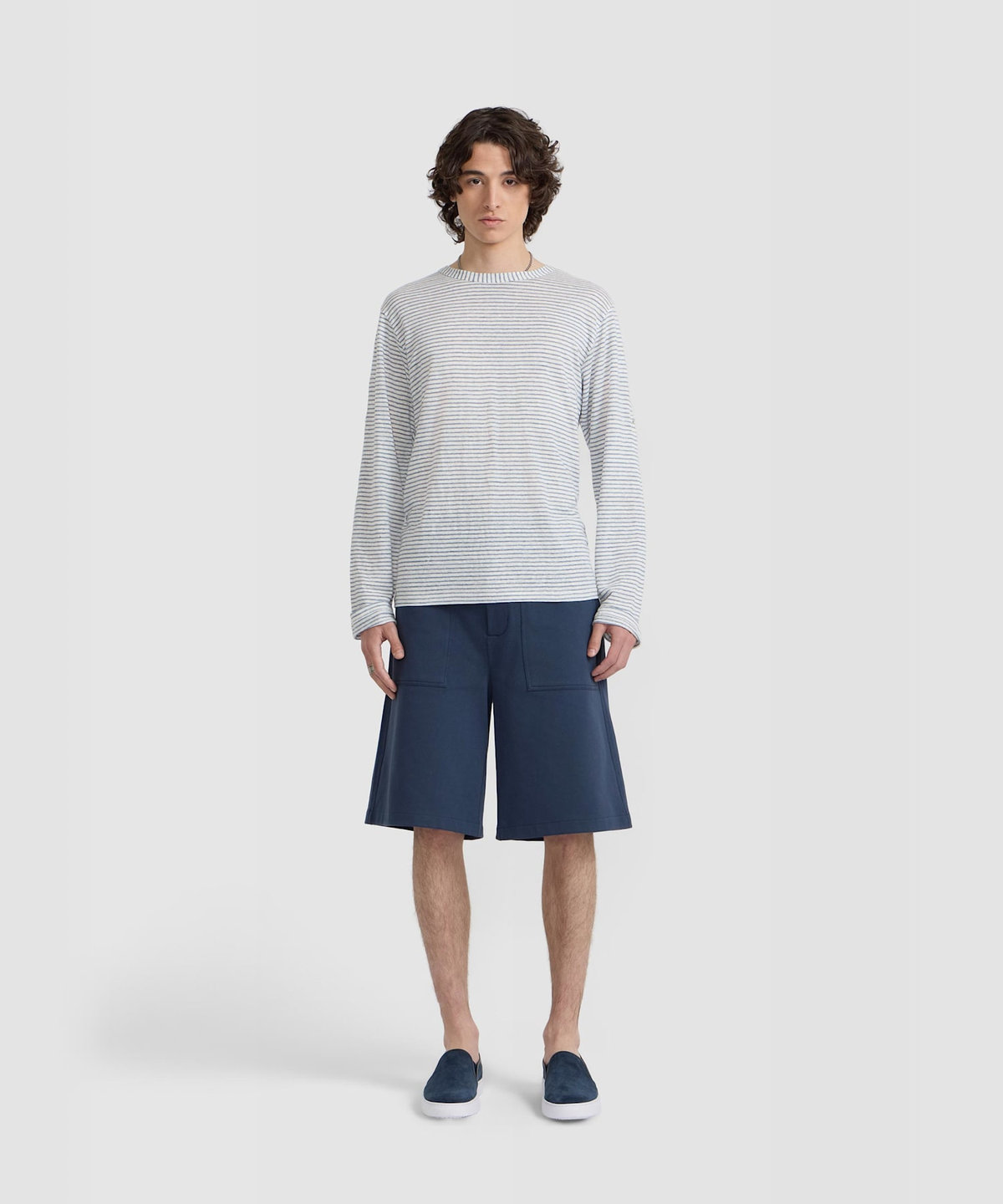 HOMME メンズ メンズ ボーダー リネンジャージー 長袖 Tシャツ "Epoxy" ネイビー