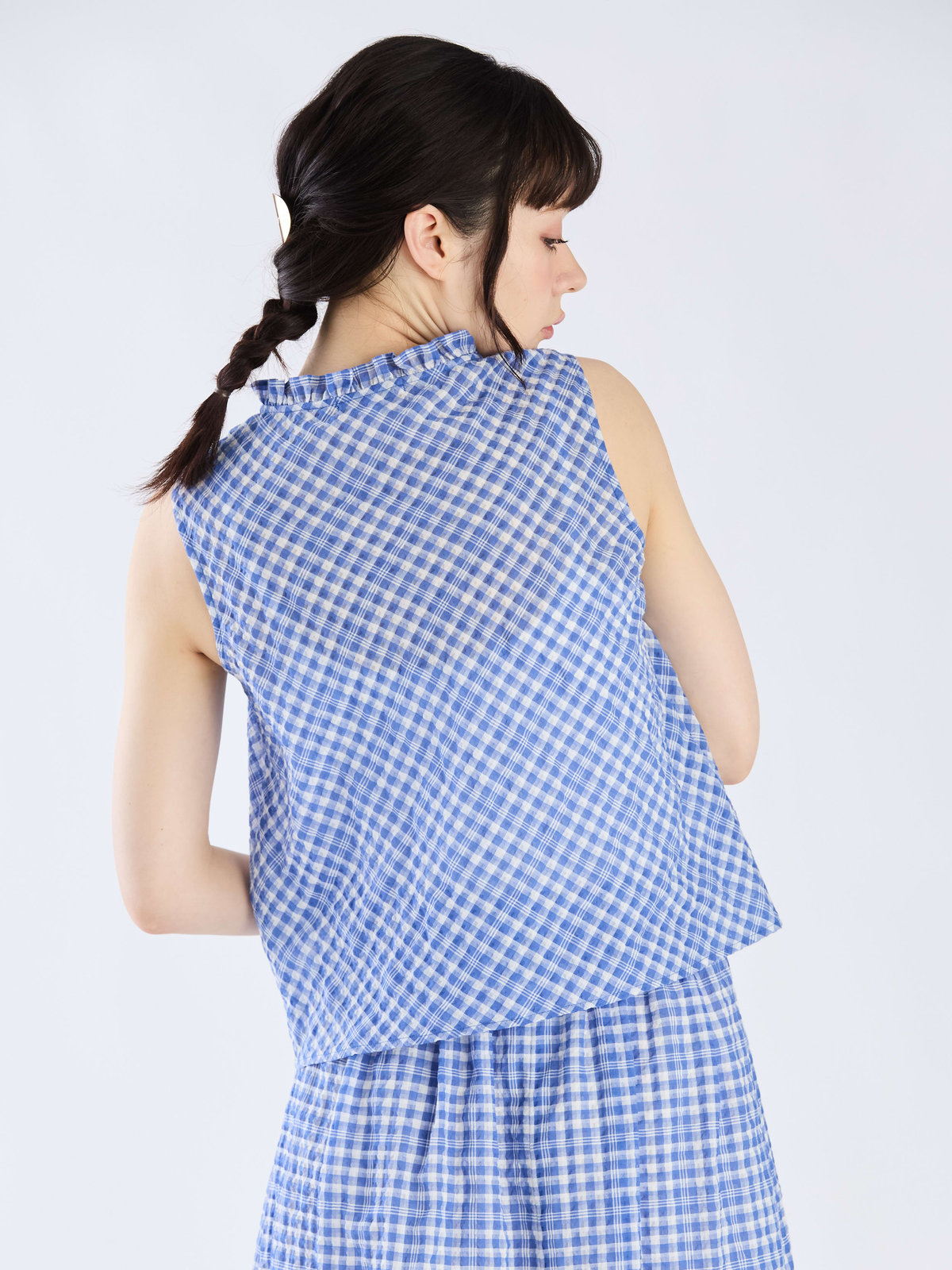 To b. by agnès b. 【Outlet】【セットアップ対応商品】ギンガム ノースリーブ ブラウス ブルー