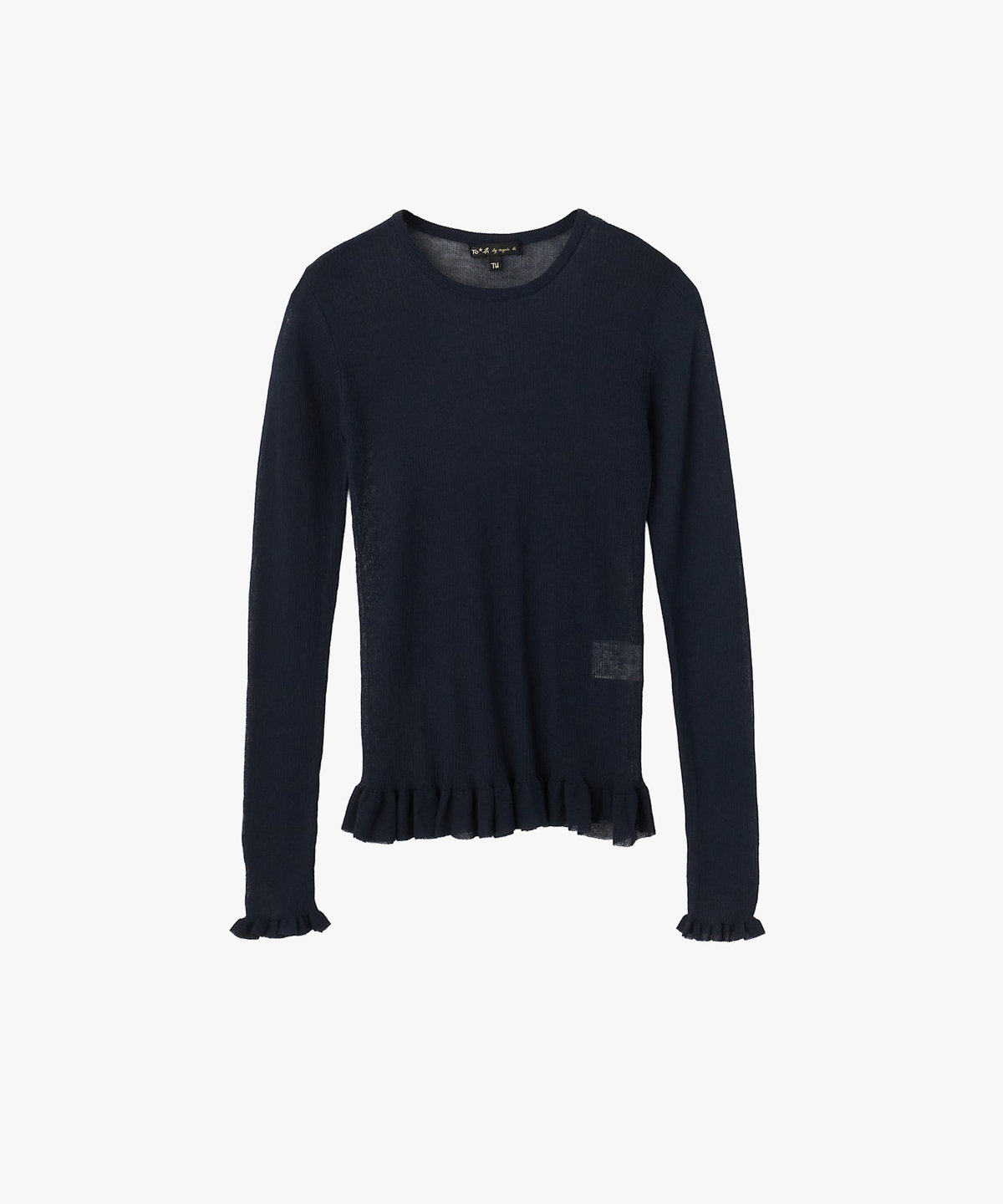 To b. by agnès b. シアー リブ フリル 長袖 ニット プルオーバー ネイビー