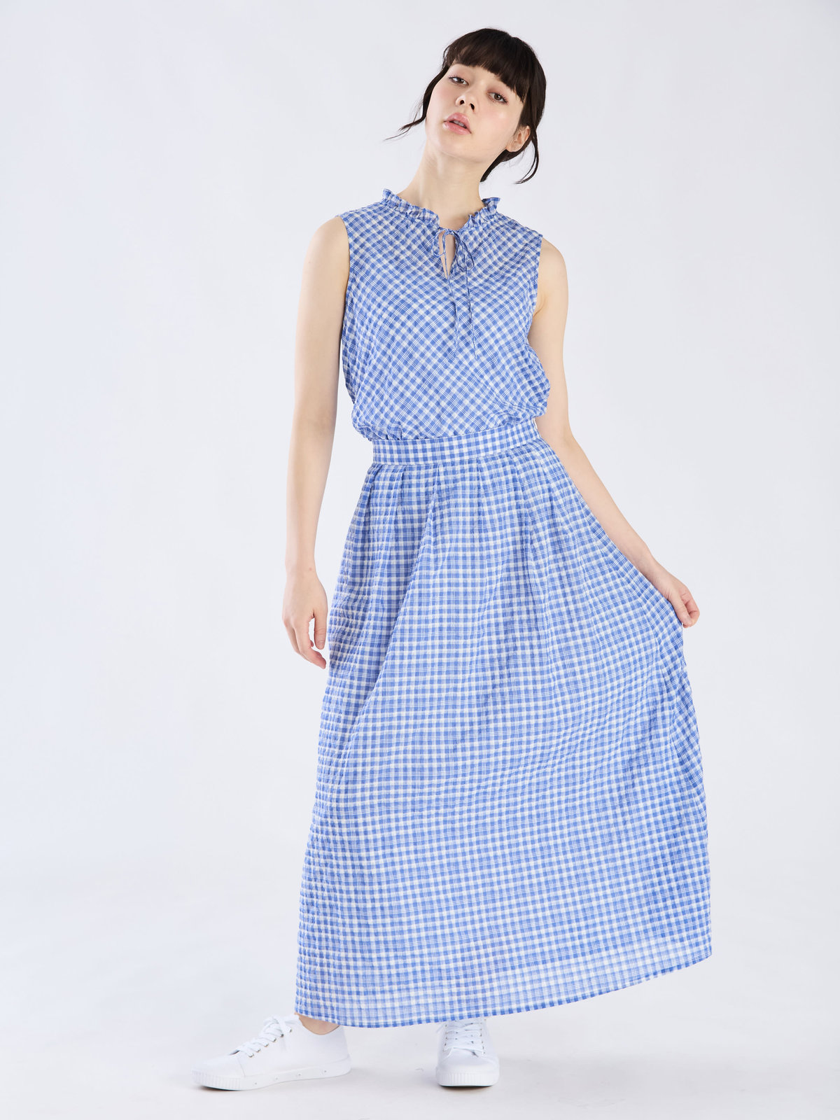 To b. by agnès b. 【Outlet】【セットアップ対応商品】ギンガム ノースリーブ ブラウス ブルー