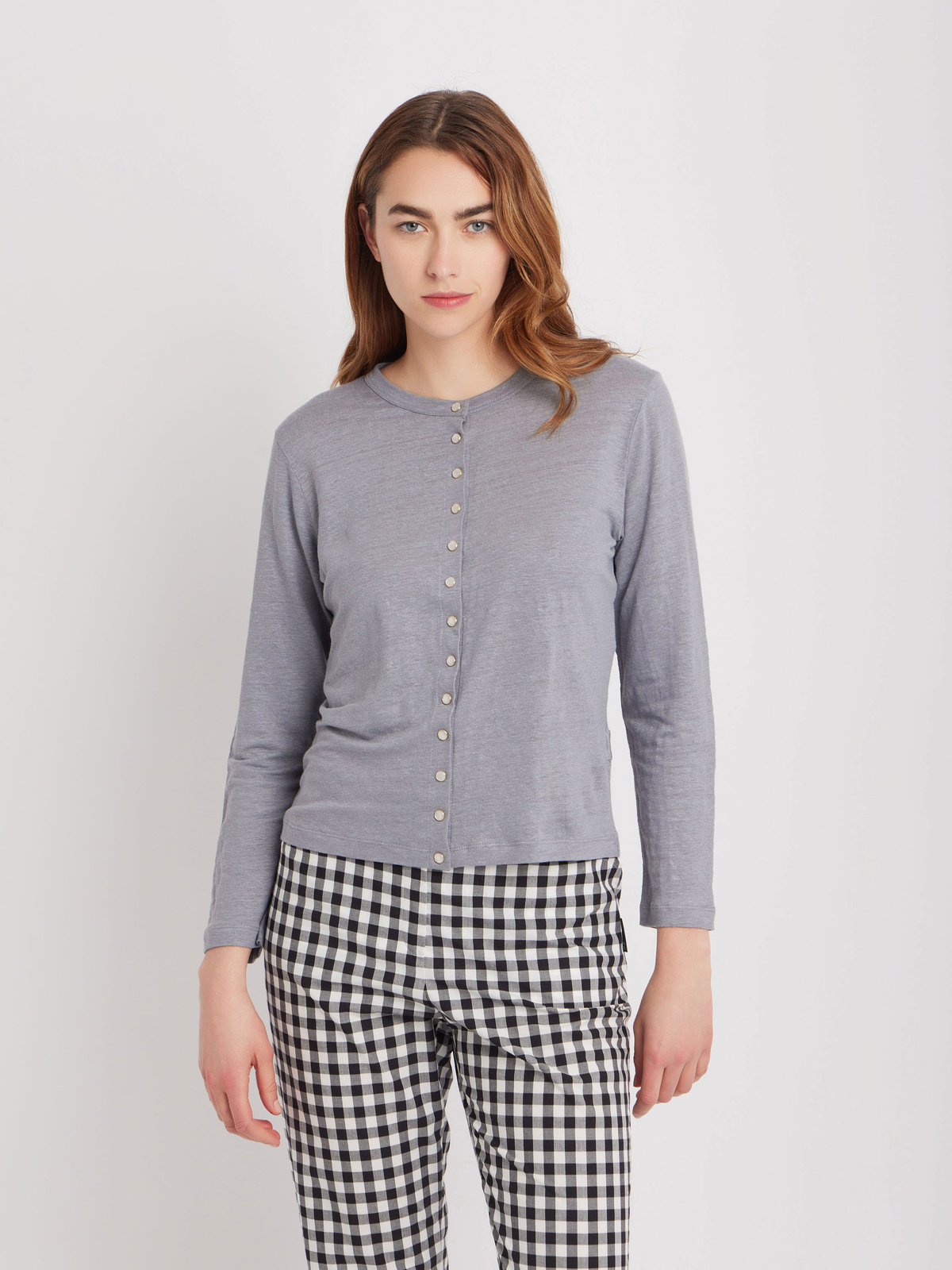 FEMME ウィメンズ リネン 長袖 カーディガンプレッション "Le Petit" グレー