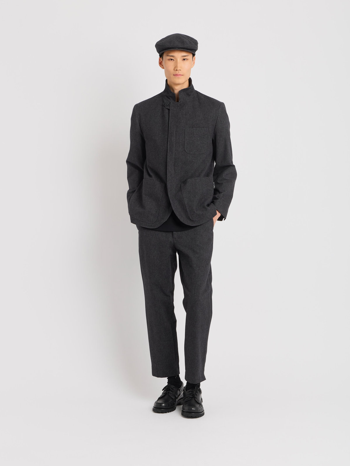HOMME メンズ コットン スタンドカラー 長袖 ジャケット "Zippee" グレー
