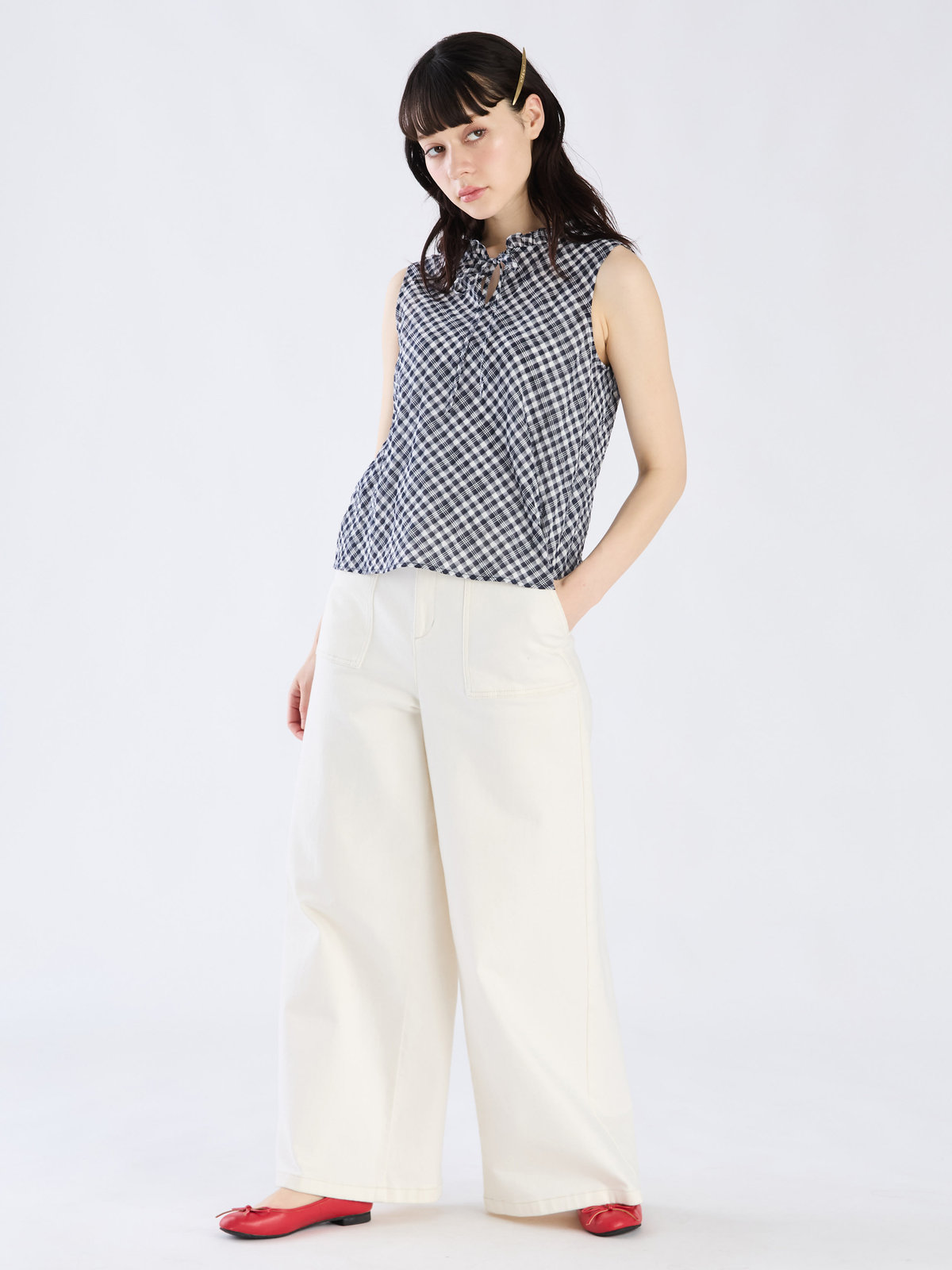 To b. by agnès b. 【Outlet】【セットアップ対応商品】ギンガム ノースリーブ ブラウス ネイビー